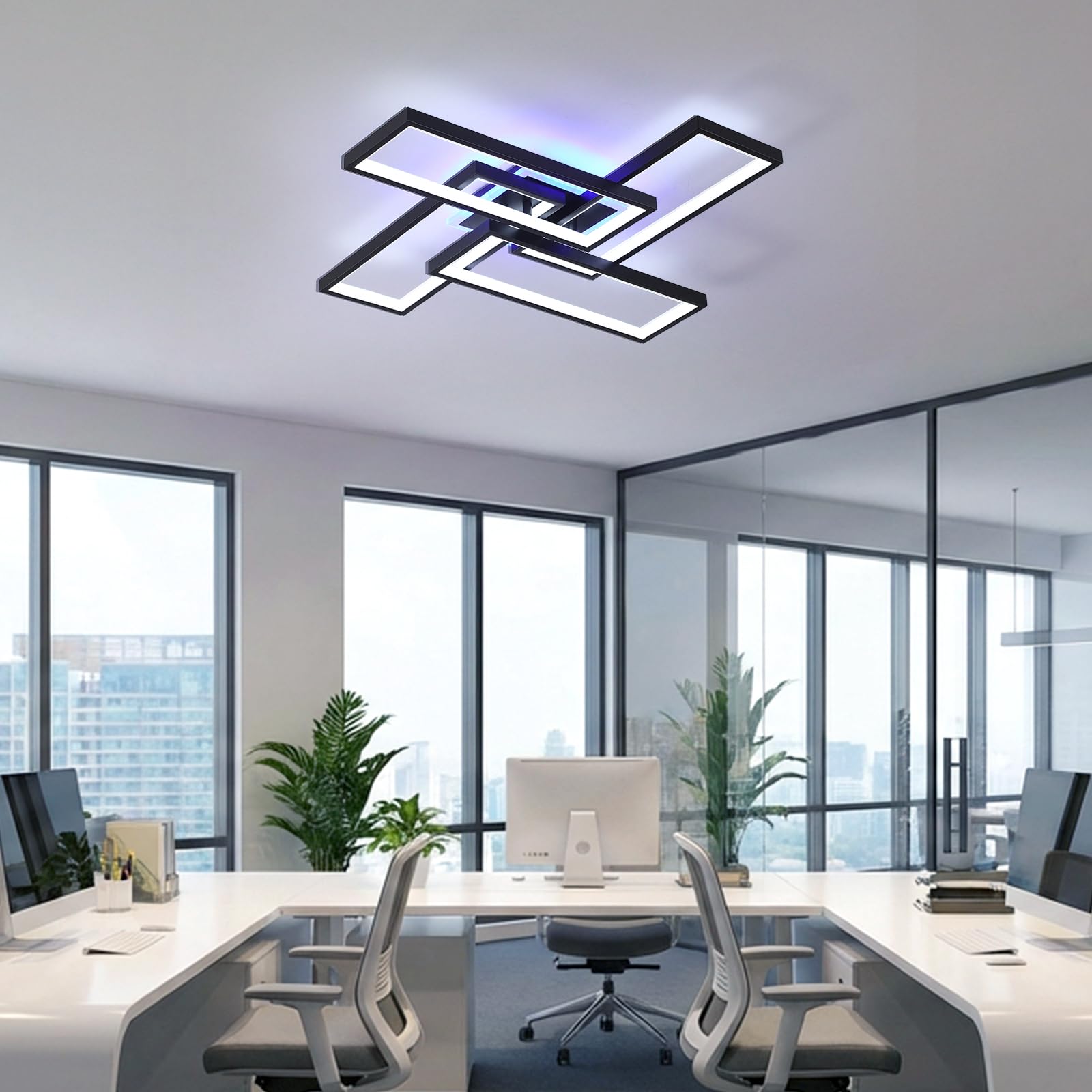 Plafoniera LED Soffitto 50W, Dimmerabile, 4 Rettangoli, Nero,3000LM | Lampadario Moderno 3000-6000K con Telecomando e APP, Luce RGB Sincronizzata per Soggiorno, Camera da Letto, Ufficio, Cucina