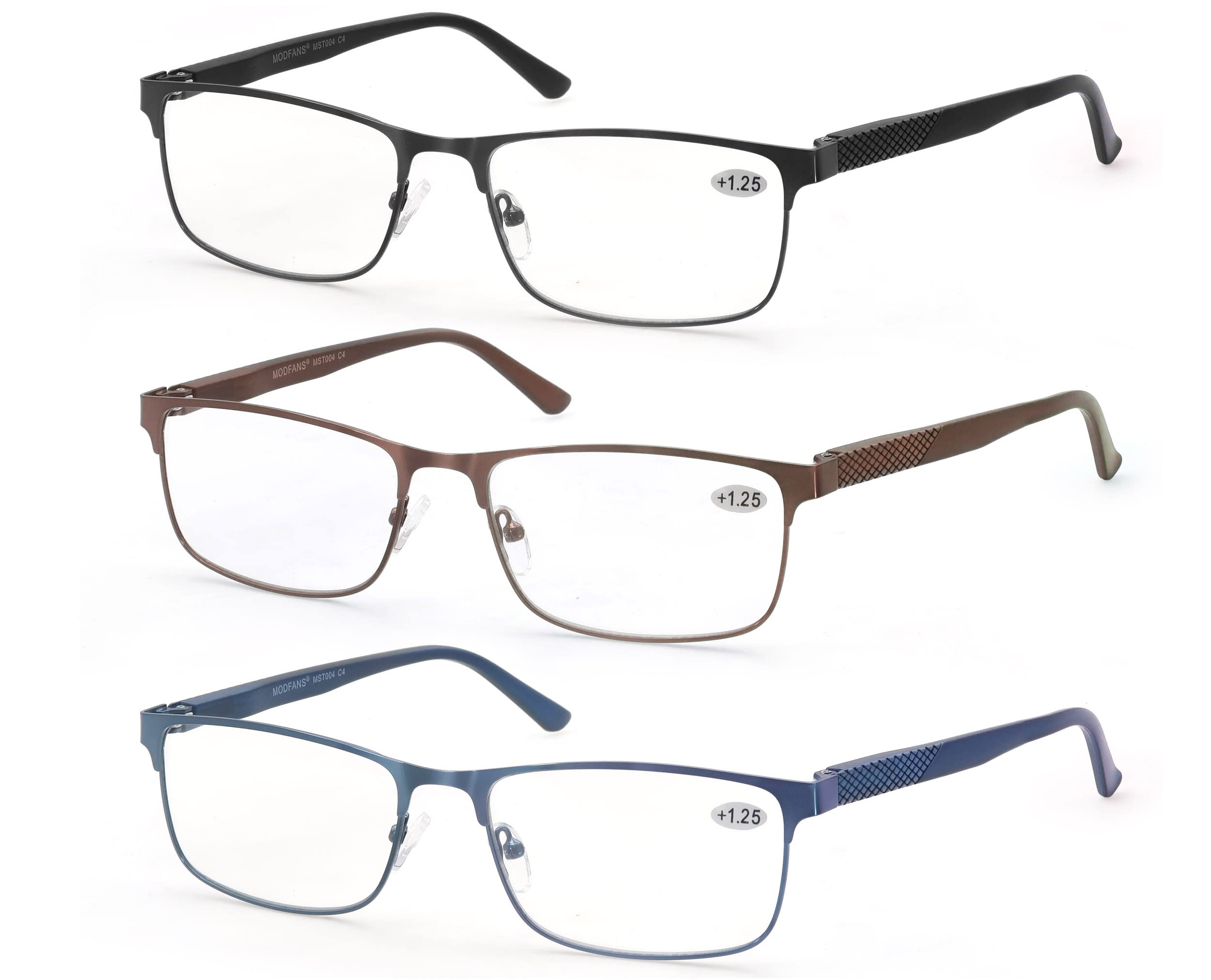 MODFANS 3 Pack Reading Glasses Men Blue Light Blocking Metal Frame Rectangle Style Stainless Steel Material Readers Glasses Black Grey Blue