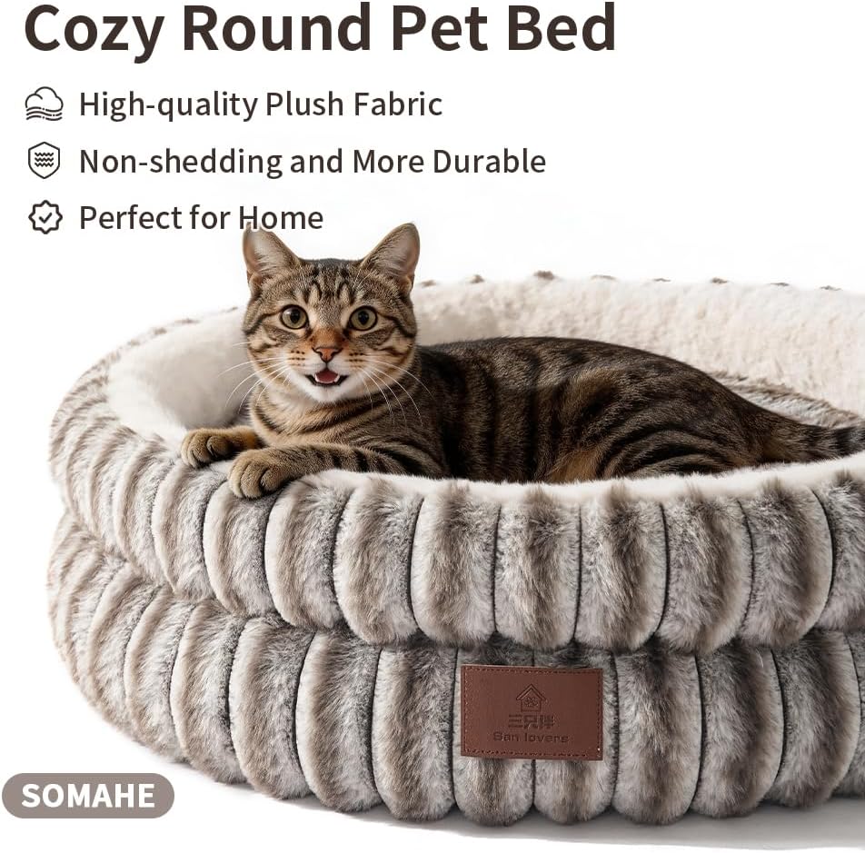 Cat Bed, Round Plush Faux Fur Donut Cuddler – Machine Washable Calming Cat Bed for Indoor Cats & Kittens, Removable Cushion Non-Slip Fluffy Kitten Bed, Cozy Small Cat Nest, 20" Inch Coffee