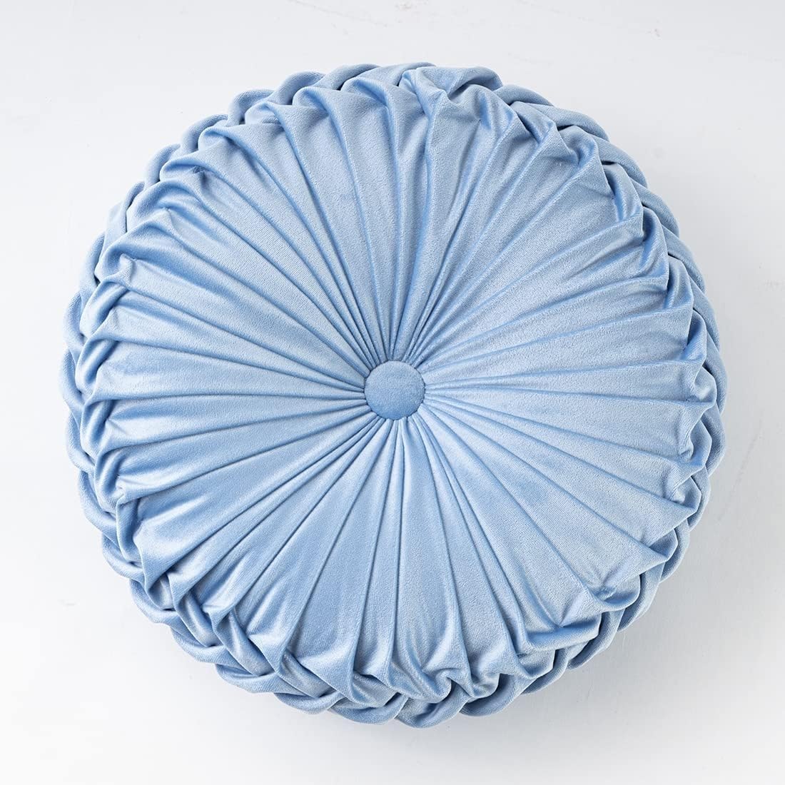 Velvet Pleated Pumpkin Throw Pillow - Round Velvet Pillow ，Handmade Decorative Cushion With 3D Pleating & Center Button, Soft Velvet/Suede Fabric & PP Cotton(Light blue,Diameter 15")