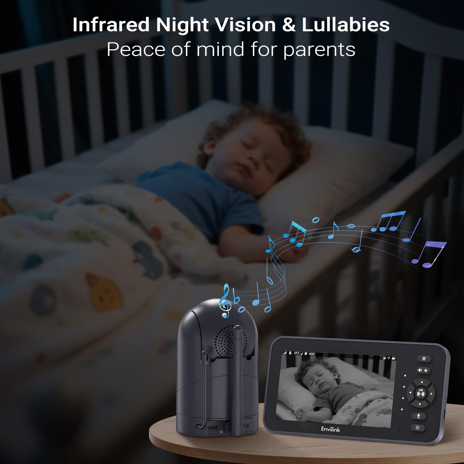 Baby monitor video 720P con fotocamera e audio, schermo da 5 pollici, senza Wi-Fi o modalità app per smartphone gratuita, telecamera Pan/Tilt/Zoom, ninne nanne, promemoria di alimentazione, visione