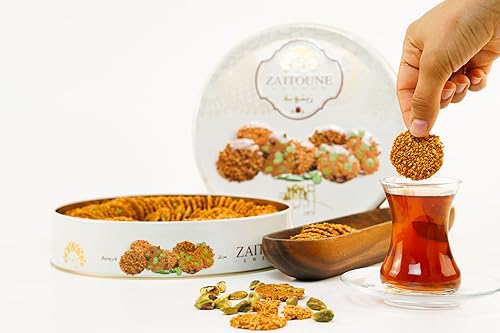 Miniatura 9 de Galletas Zaitoune Barazek  18 onzas  Lujosas galletas crujientes de sésamo y pistacho hechas a mano en Turquía  Hermosa lata de regalo reutilizable