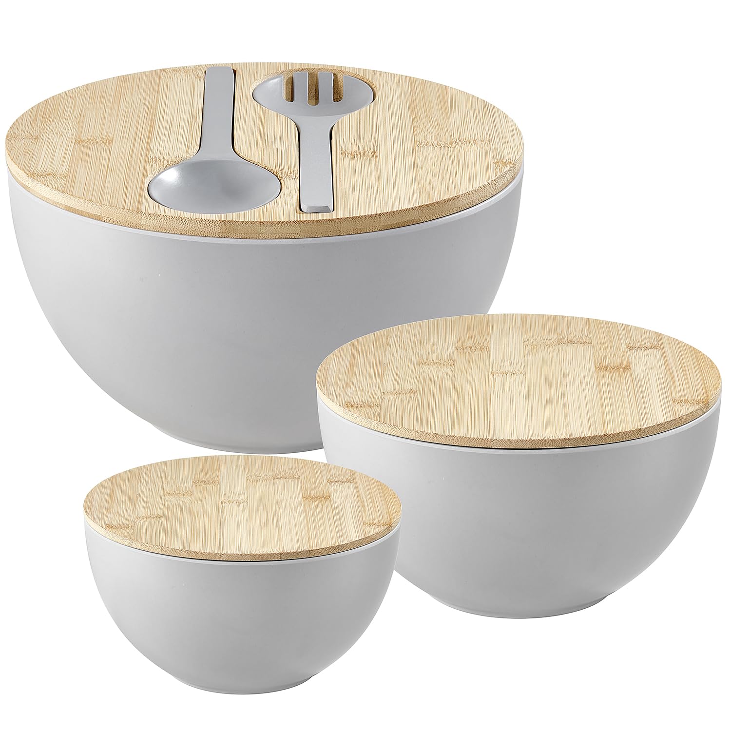 ECOWAY Juego de 3 cuencos de ensalada con tapa y utensilios para servir, juego de cuencos grandes de fibra de bambú para servir y juego de almacenamiento con tapa de bambú para ensalada, cocina,