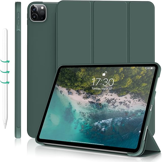 ZOYU Case for iPad Pro 11 inch 4th/3rd/2nd Generation (2022/2021/2020), Auto Sleep/Wake, Support Pencil 2nd Gen, Trifold Stand Premium Soft Slim TPU Back Smart Cover for iPad Pro 11" 2018 - Dark Green