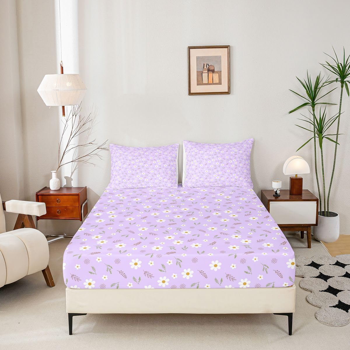 Homemissing Sábana bajera ajustable con 2 fundas de almohada, tamaño King, con diseño de flores de flores, 16 pulgadas de profundidad, sábana bajera ajustable para niños y niñas, decoración de