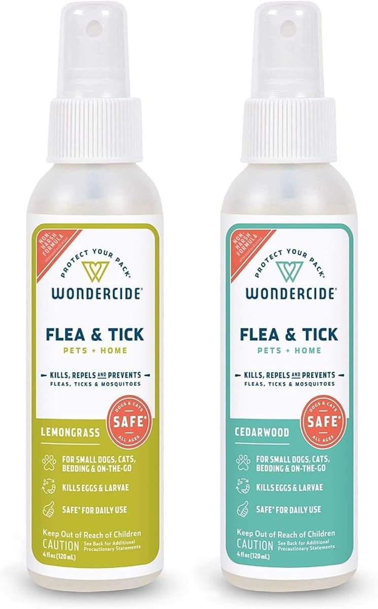 Wondercide - Spray para pulgas, garrapatas y mosquitos - 4 oz - Hierba de limón y madera de cedro | Para perros, gatos y el hogar - Asesino de pulgas y garrapatas, control, prevención, tratamiento - con aceites esenciales naturales - Paquete de 2