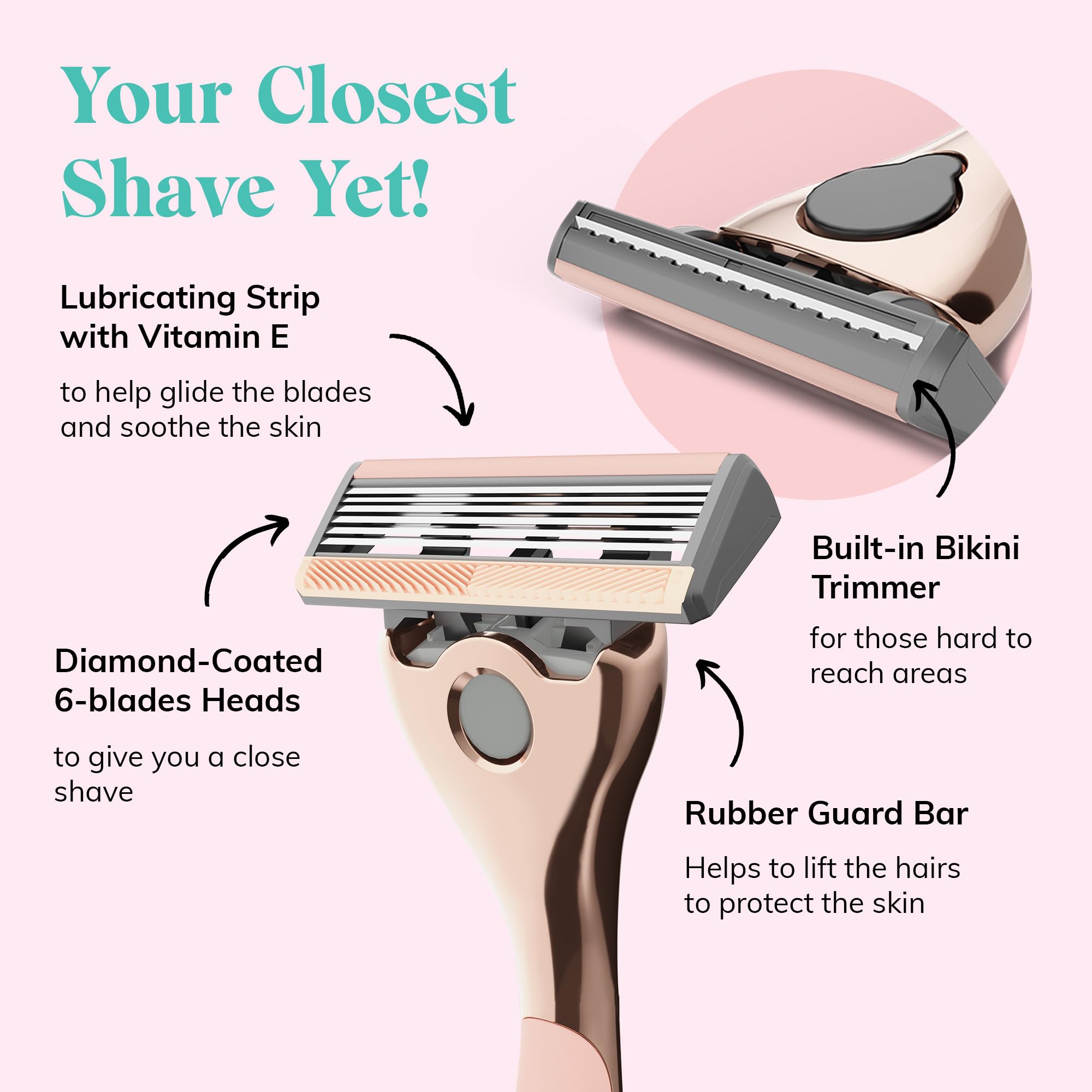 FFS Beauty Rose Set da barba per donna Fornitura da 3 a 6 mesi - Manico per rasoio rosa premium, 12 cartucce SmoothGlide a 6 lame, supporto doccia, custodia da viaggio, protezione a conchiglia