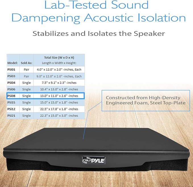 Pyle Speaker Isolation Pads - 13 x 11 x 2.6 pulgadas - Plataforma de aislamiento acústico - Almohadillas de espuma con base de goma para monitor de estudio, subwoofer, altavoz - PSIO8 miniatura 4