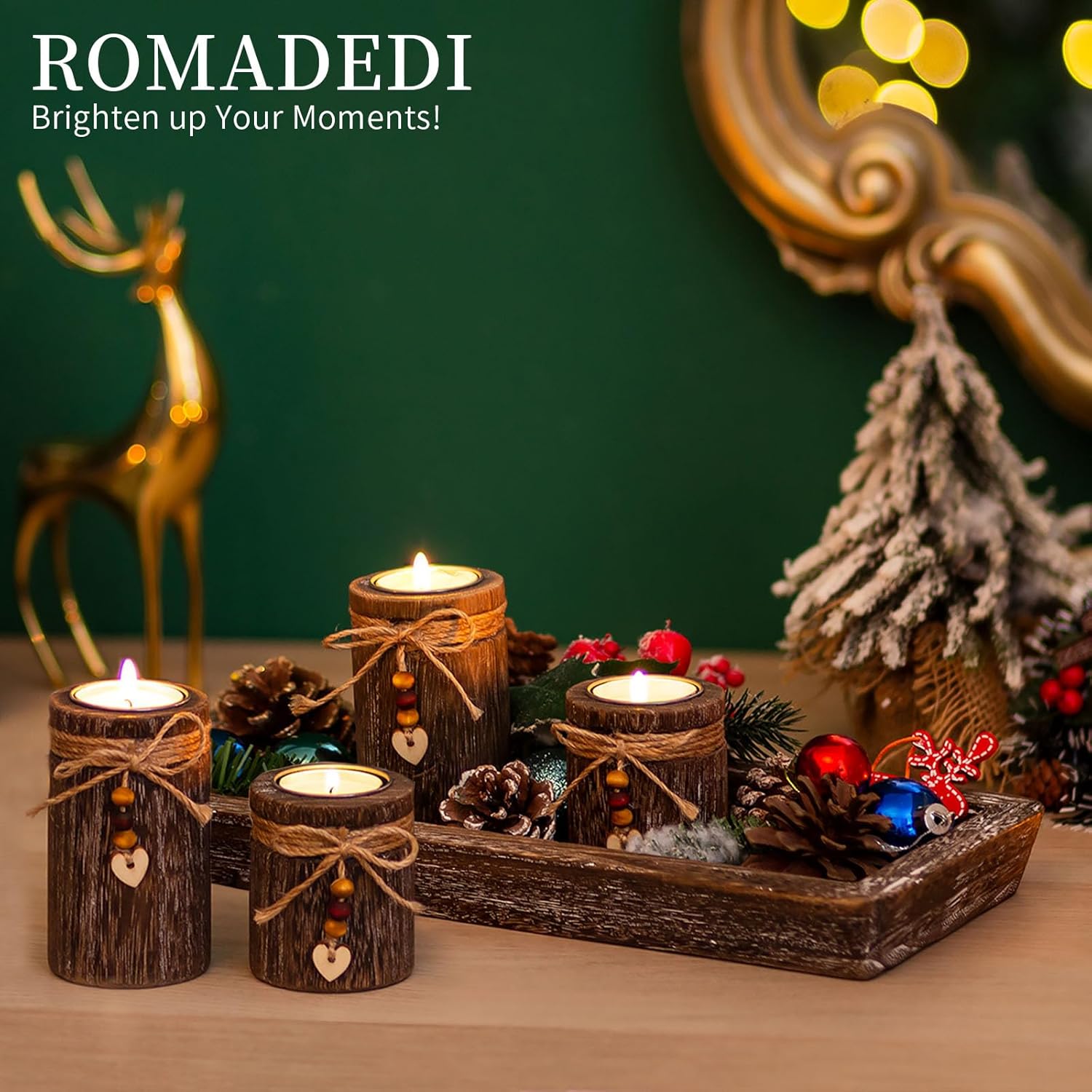 Farmhouse Coffee Table Decor Candle Holder - Romadedi Boho Wooden Tray with 4 Tealight Candles Holders for Tables Centerpiece Home Decorations Living Room Fireplace Kitchen