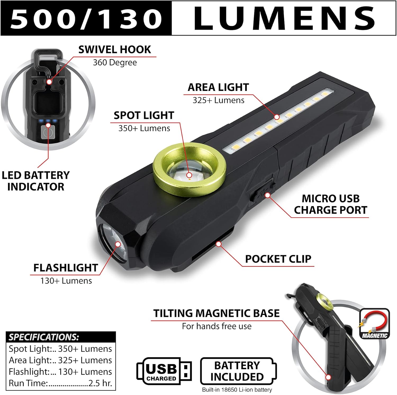 Performance Tool W2325 130-500+ Lumens Li-Ion 3-in-1 Work Light