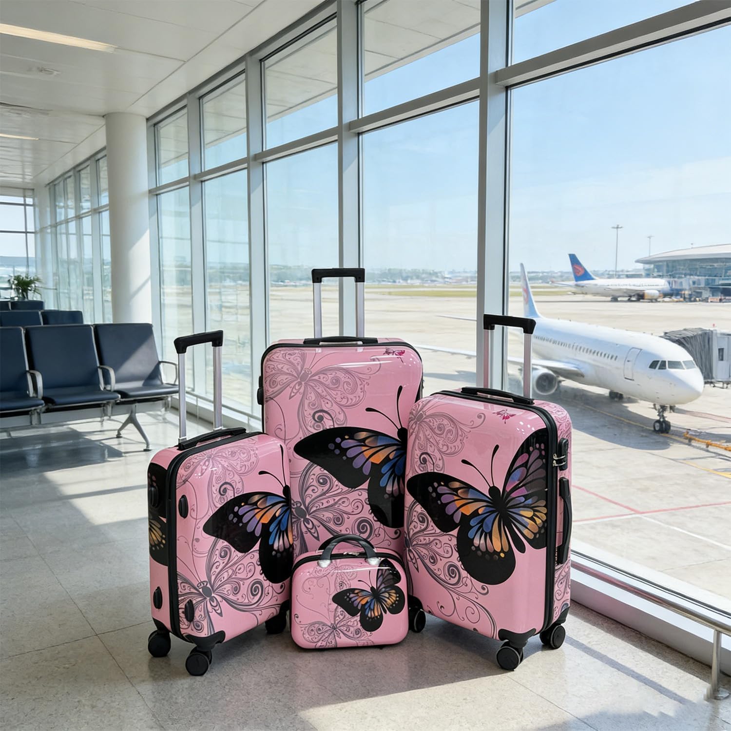 Luggage Set 4-Piece ABC Polycarbonate Hard-Shell Suitcases with Dual-Directional Spinner Wheels Luggage Set (14-inch/20-inch/24-inch/28-inch) Butterfly Travel Luggage Set (Pink)