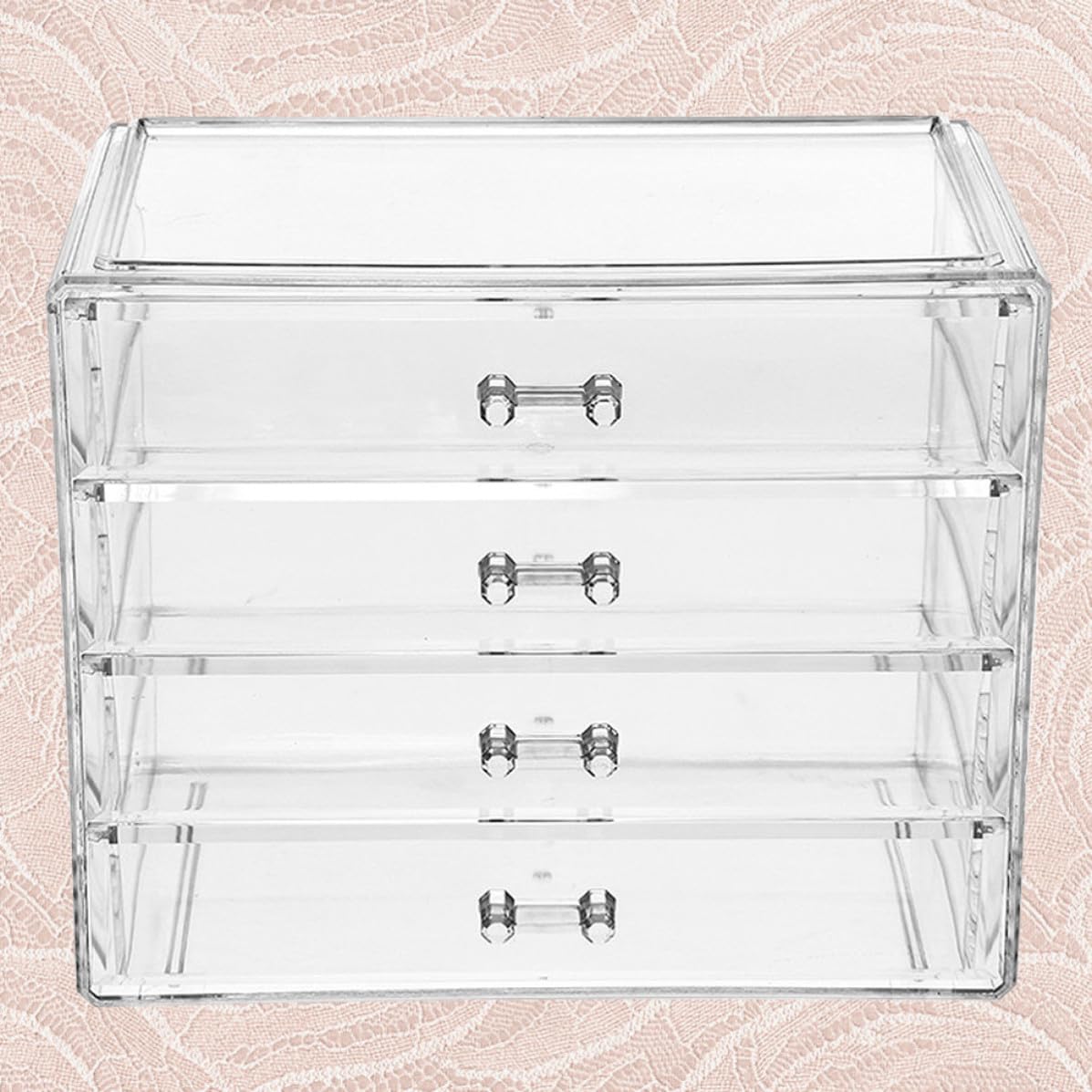Caja de almacenamiento de maquillaje, organizador grande de cosméticos con cuatro cajones de acrílico con suficiente diseño de espacio de almacenamiento para uso doméstico para el cuidado de