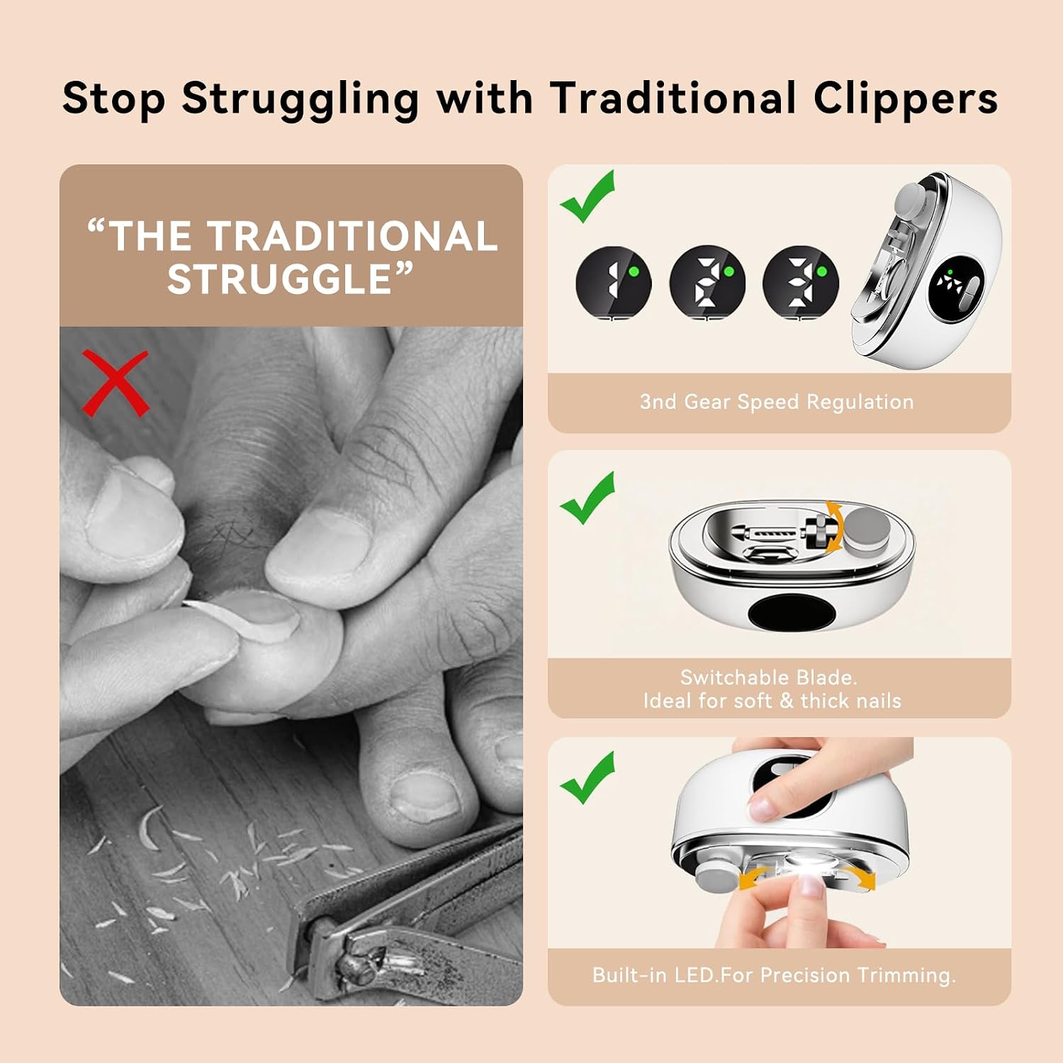 Condition photo showing New/Like New for electric nail clipper for seniors & adults - dual-blade 3-in-1 automatic nail trimmer for thick nails with led light, quiet 3-speed rechargeable cutter with debris storage