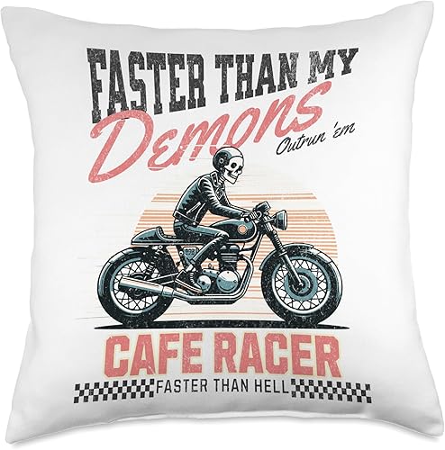 Skeleton And Charm Clothing Co Cafe Racer Faster Than Hell, Outrun Your Demons Throw Pillow, 18x18, Multicolor