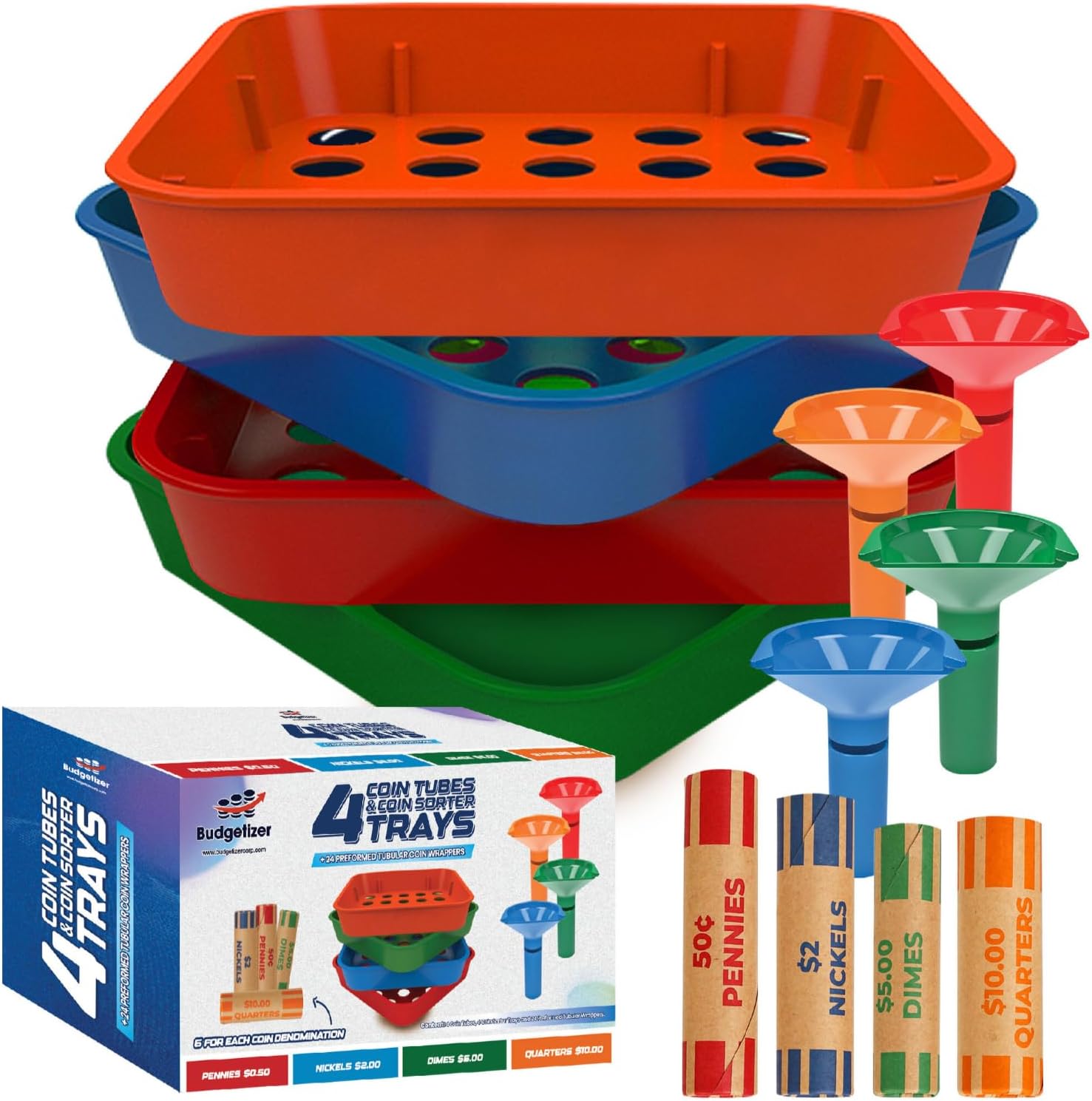 Coin Counters Tubes & Coin Sorters Tray – 4 Color-Coded Coin Sorting Tray and 4 Coin Counting Tubes - Bundle with 24 Count tubular Coin Roll Wrappers for US Coins (Coin Counter & Coin Sorter)