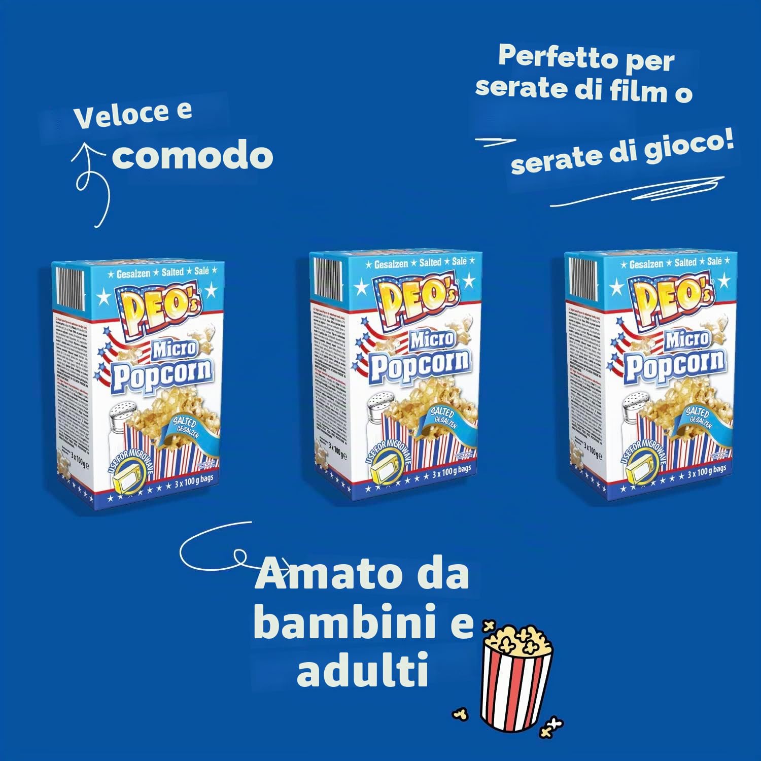 Peo's Popcorn per forno a microonde, salato/salato, confezione risparmio da 72, 24 scatole con 3 confezioni da 100 g, caramelle di mais popcorn per carnevale, feste, spuntini cinematografici, serate