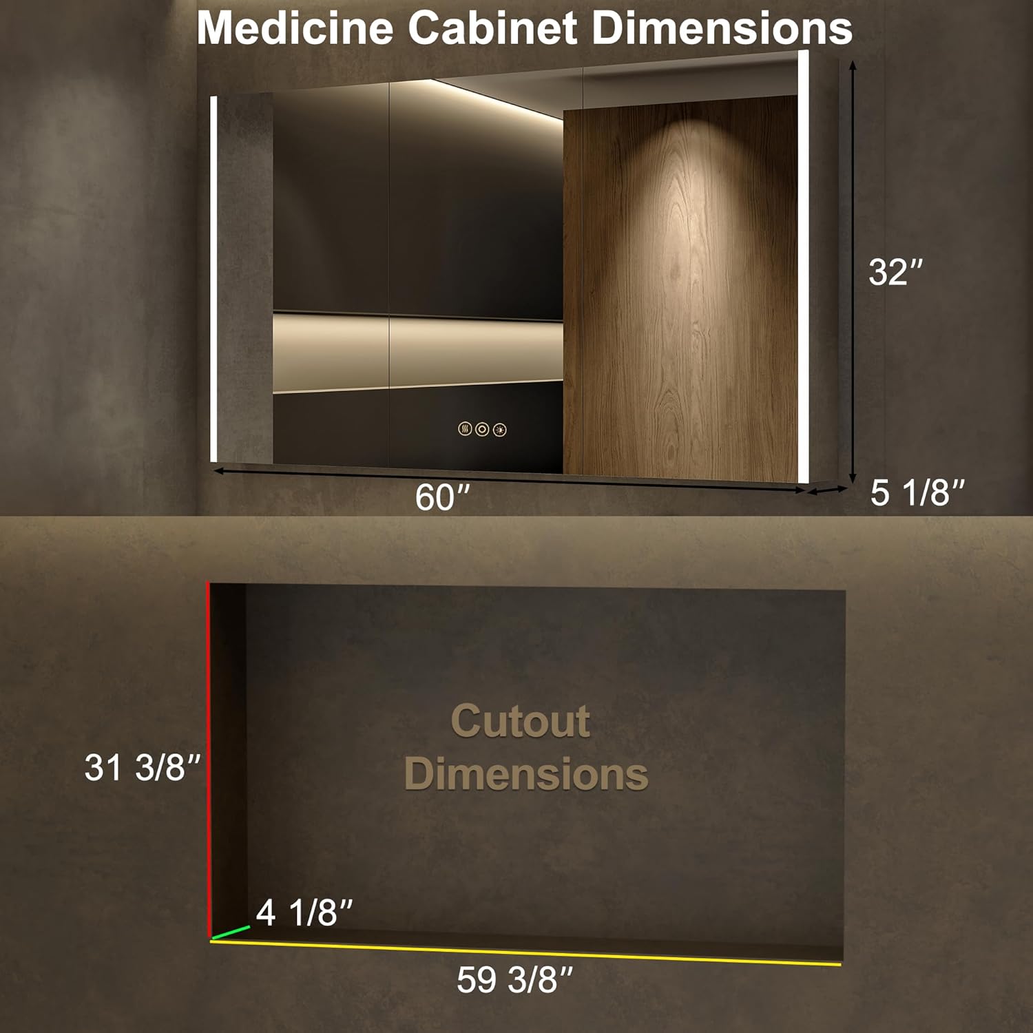 Diagram showing the dimensions of the medicine cabinet: 60 inches wide, 32 inches high, and 5 1/8 inches deep. Also shows cutout dimensions for recessed mounting: 59 3/8 inches wide, 31 3/8 inches high, and 4 1/8 inches deep.
