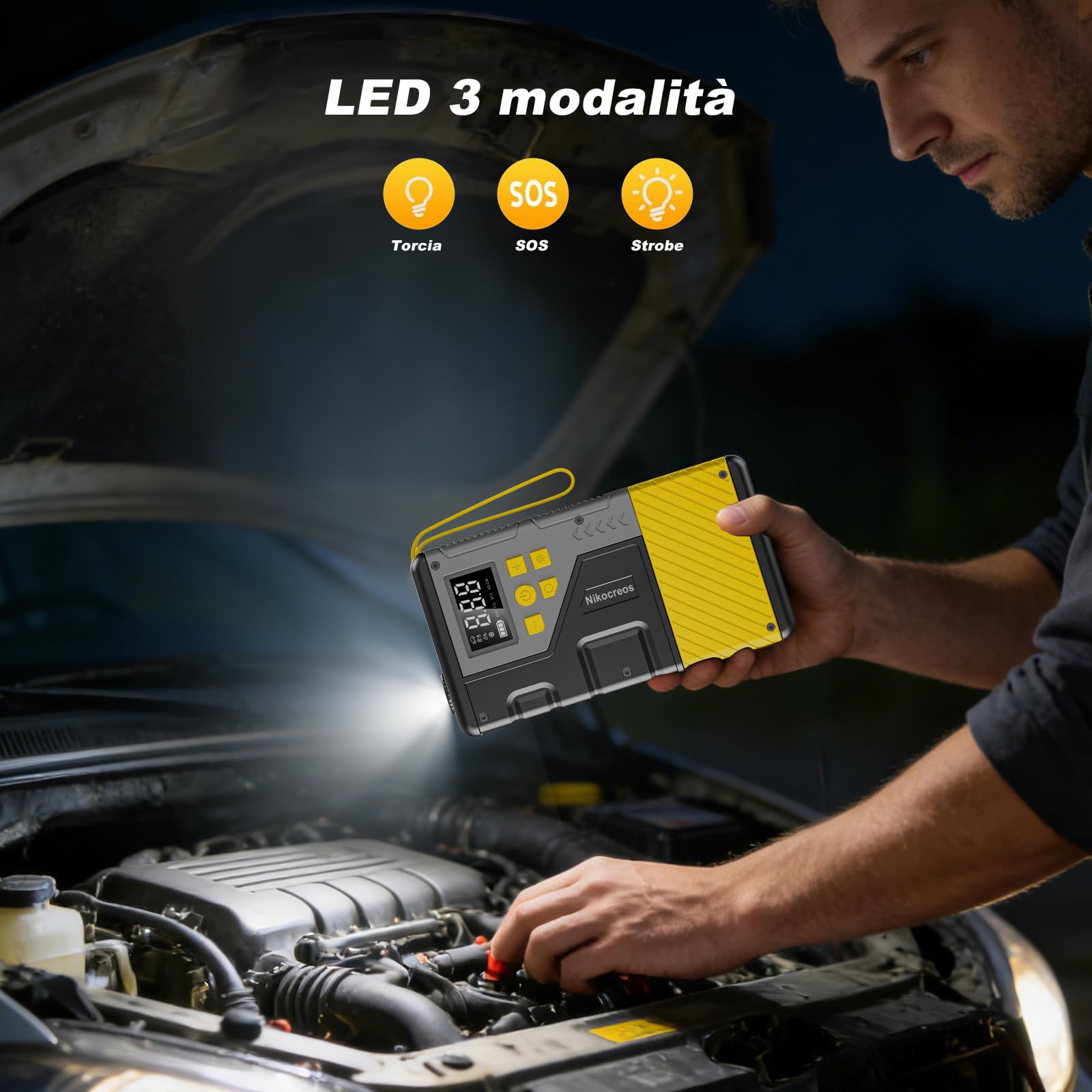 Avviatore Portatile per Auto con Compressore di Aria per Emergenze, 3000A di Picco e 150 PSI Massimo, per Motori a Gasolina da 12L e Diesel da 10L, Display LCD, Luce LED (Giallo)