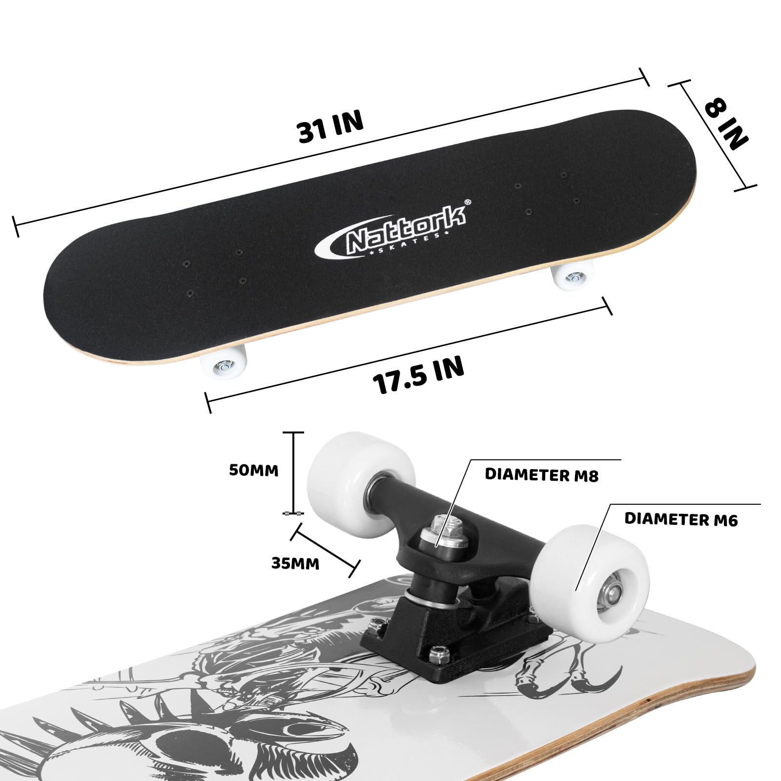 Nattork Skateboard complet de 78,7 cm, cadeau pour débutants, bois d'érable canadien 9 couches, pour garçons, filles, adolescents