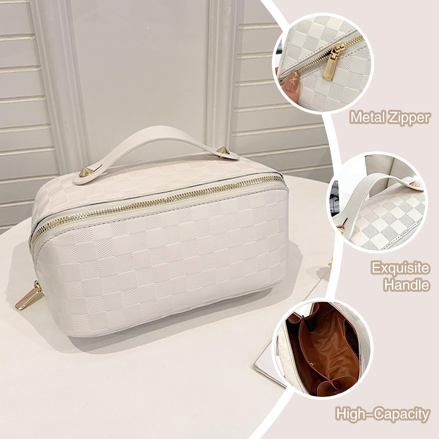 Checkered Travel Cosmetic Bag - Multifunctional Waterproof Large-capacity Makeup Bag with Handle and Divider for Easy Access (White-Checkered)