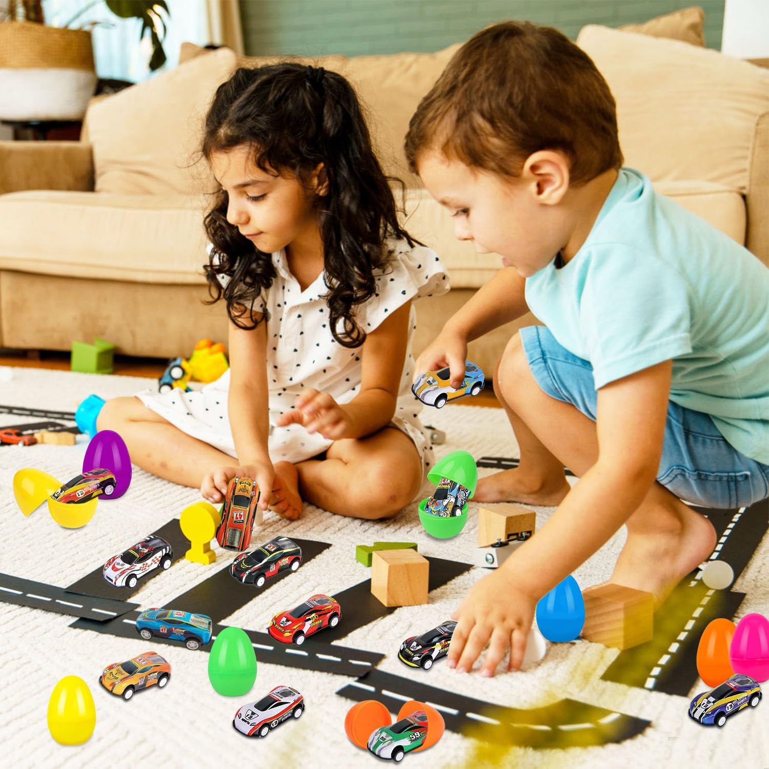 12 Pack Prefilled Easter Eggs with Toys Inside, Easter Eggs Filled Pull Back Racing Cars for Kids Easter Basket Stuffers, Easter Party Favors Supplies
