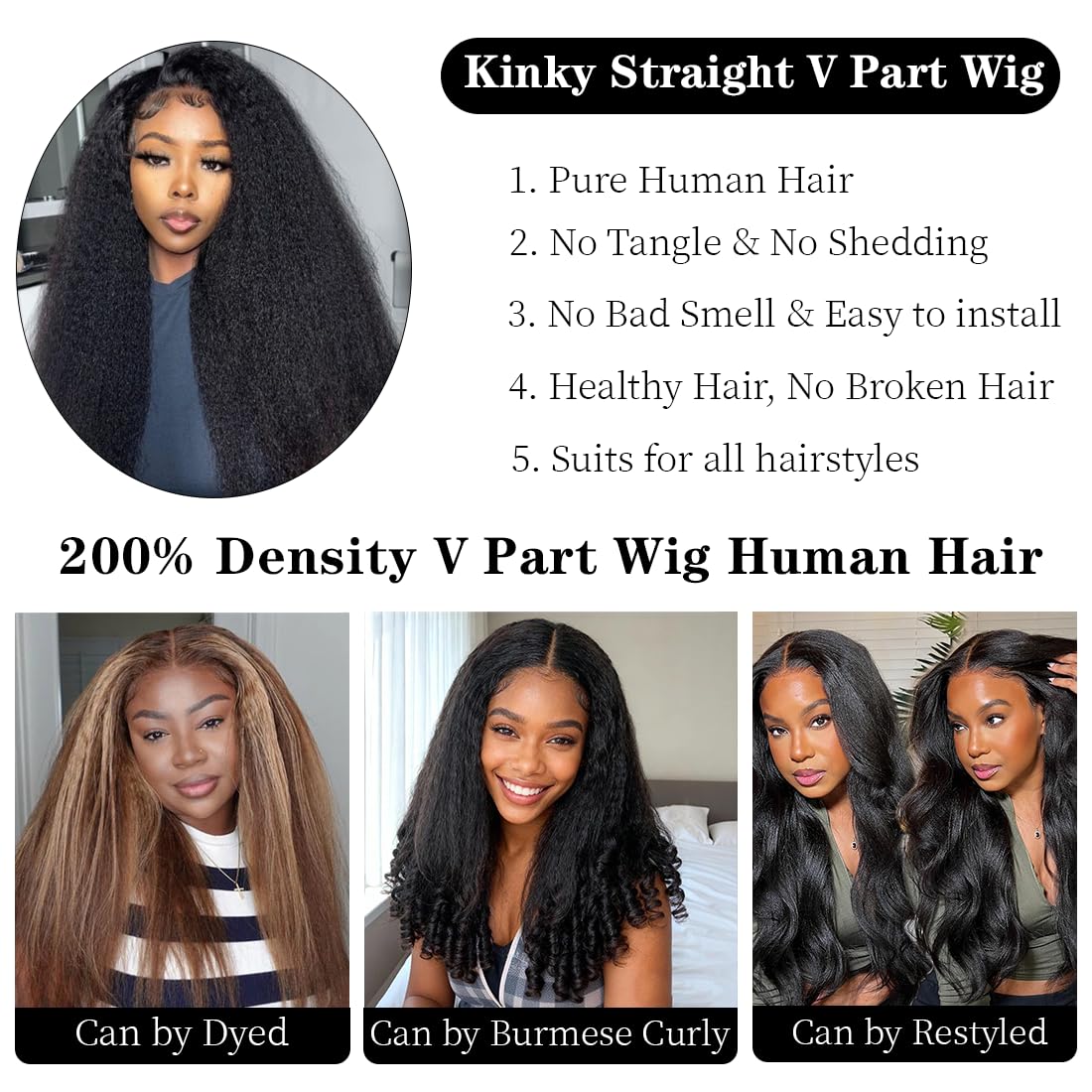 V Part Wig Human Hair Kinky Straight, 100% Real Human Hair, 200 Density Kinky Straight Upgrade U Part Glueless No Sew in Wigs with Drawstring V Shape Clip in Wigs for Black Women 20 Inch