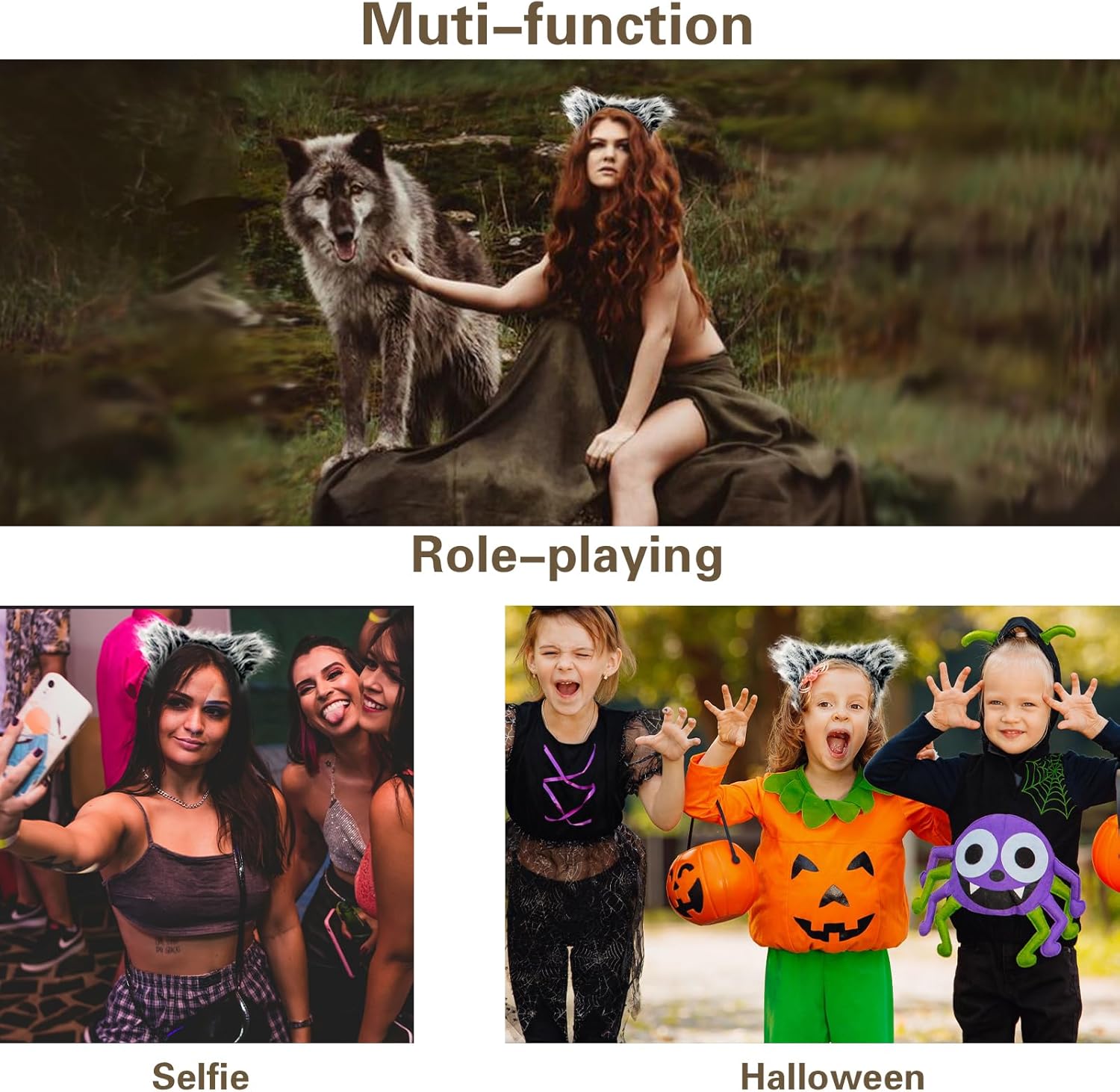 Beviliu Wolf Ears Grey, Wolf Headband Halloween, Wolf Fox Ears Headband Adult - Image 5