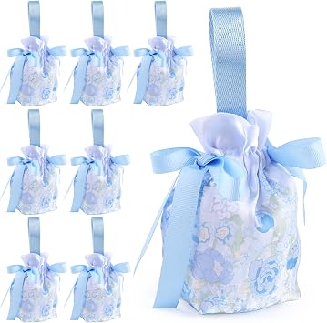 Sopoloray 8 Pcs Floral Drawstring Gift Bags,5.7x3.7x2.1 Inch Small Satin Goodie Bags with Handles,Reusable Party Favor Bags for Wedding,Baby Shower,Birthday,Tea PartyBlue