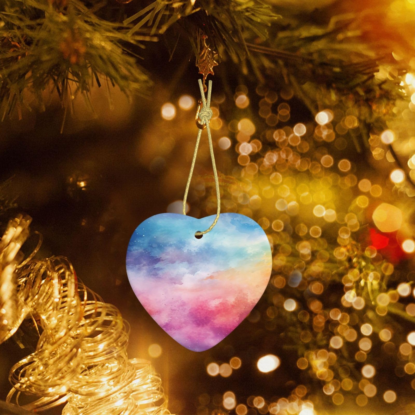 Christmas Heart Shaped Ornaments 1 Pcs, Double-Side Ceramic Xmas Tree Hanging Ornament with Gold String Watercolor Background Personalized Porcelain 2025 Christmas Pendent