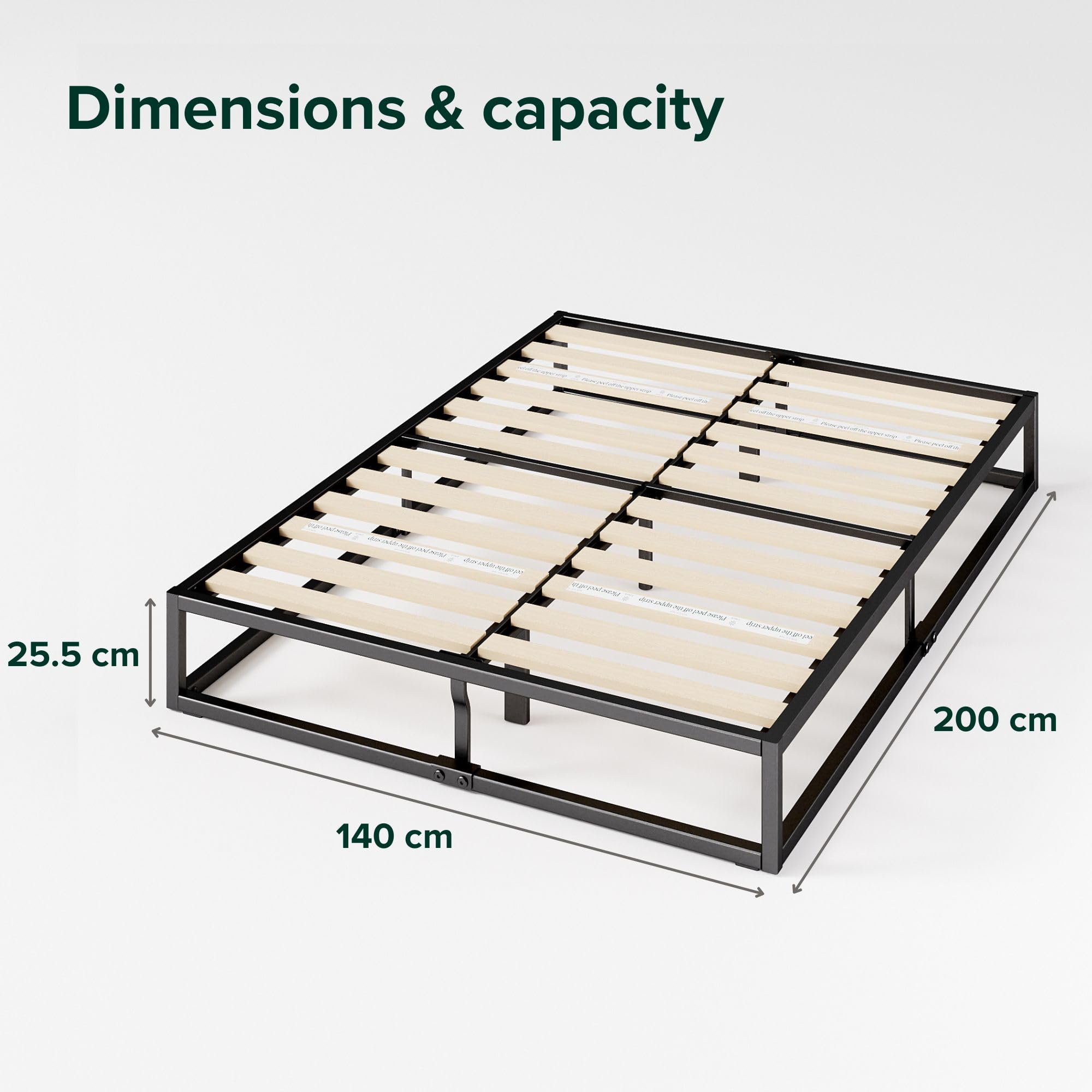 Zinus Joseph Bettgestell 140x200 cm - Metallbett 140x200 mit Lattenrost aus Holz - 25 cm Hohe Plattform mit Freiraum Darunter - Kompakte Verpackung & Einfache Montage - Schwarz