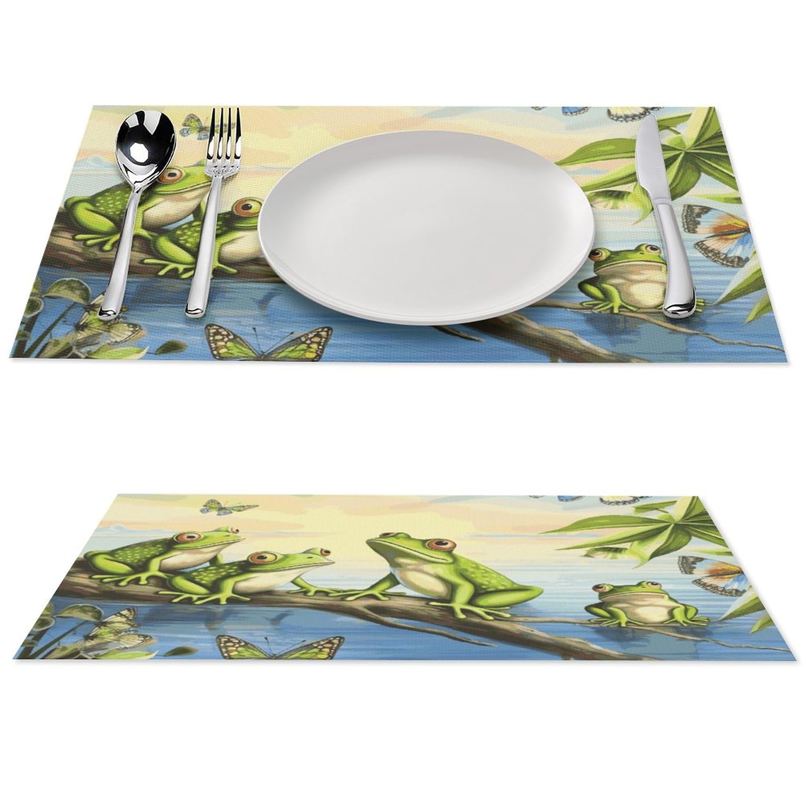 Tischsets aus PVC, Motiv: Viele Frösche singen auf den Zweigen, Sommerschmetterlinge, See, Wasser, waschbar, hitzebeständig, rutschfest, wasserdicht, Platzdeckchen-Set für Innen- und Außenbereich, 6