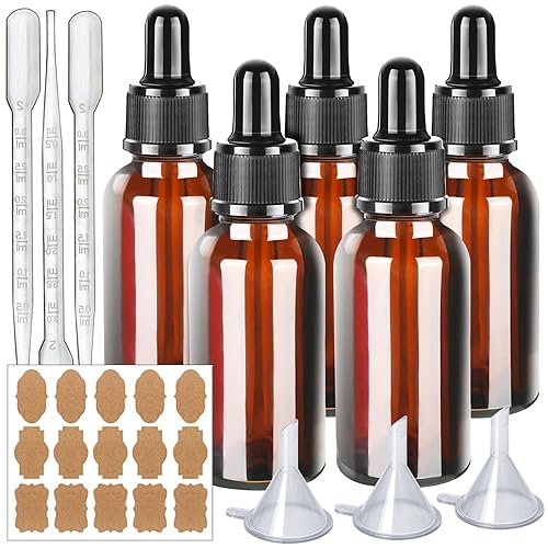 Teenitor Botellas cuentagotas con embudos y pipetas de transferencia de plástico y etiquetas, botellas de tintura de vidrio de 1.0 fl oz, botellas