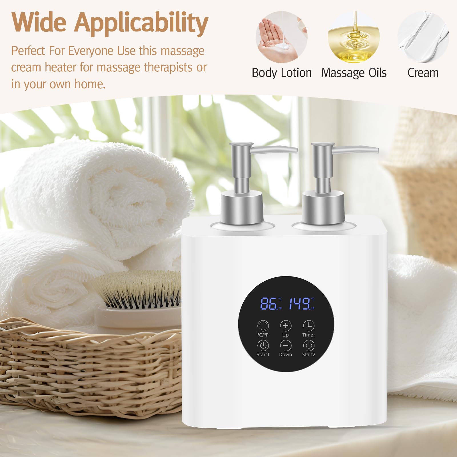Meifuly Calentador de aceite de masaje para spa, calentador de aceites corporales con dispensador de 4 botellas, calentador digital profesional de loción eléctrica