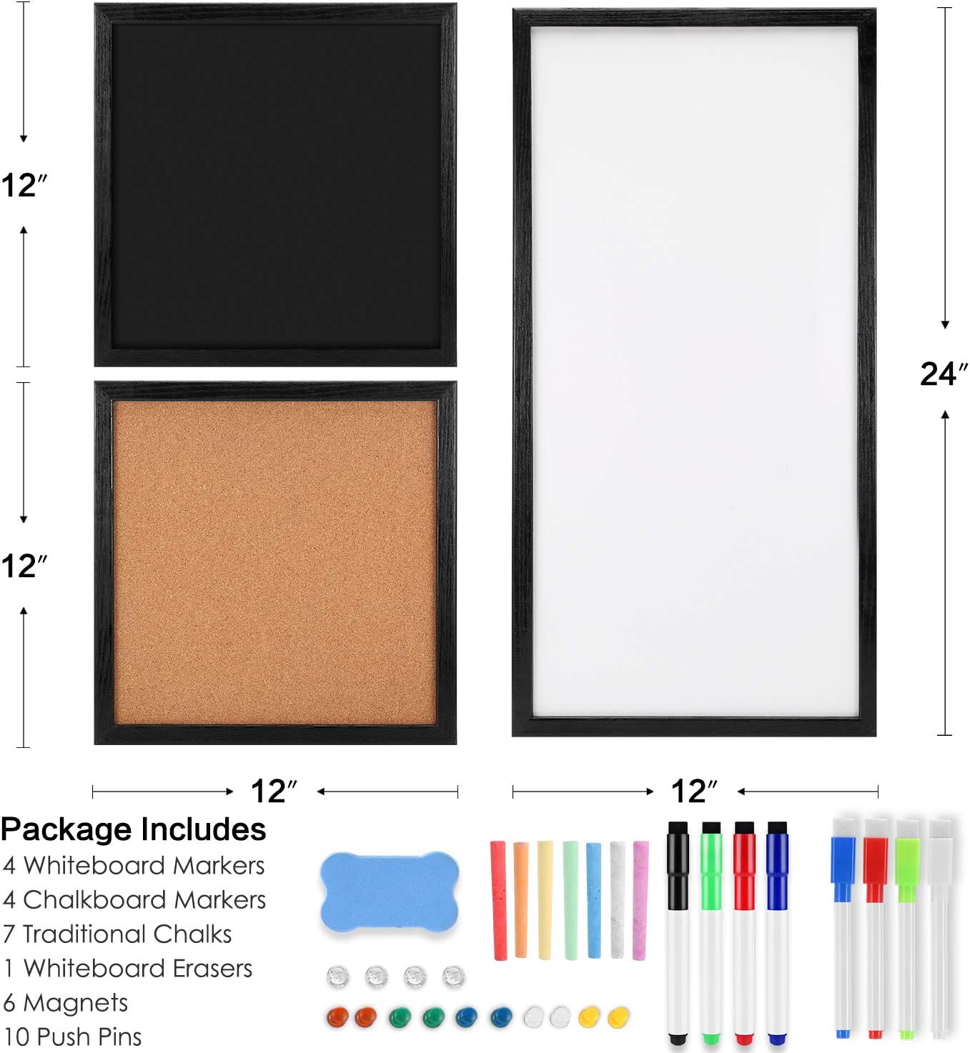 Dry Erase Whiteboard, Cork Bulletin Board, Chalkboard with Natural Wood Black Frame, 3 Pieces, 12" x 12" and 24" x 12", Combination Board 3 in 1 Free Style Mounted…