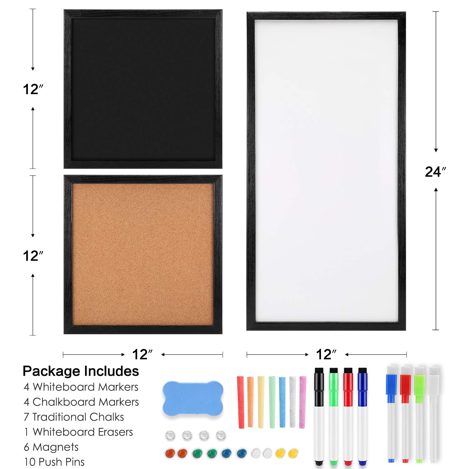 Pizarra blanca de borrado en seco, pizarra de anuncios de corcho, pizarra con marco negro de madera natural, 3 piezas, 30,5 x 30,5 cm y 60,9 x 30,4 cm, tabla de combinación 3 en 1 estilo libre montado