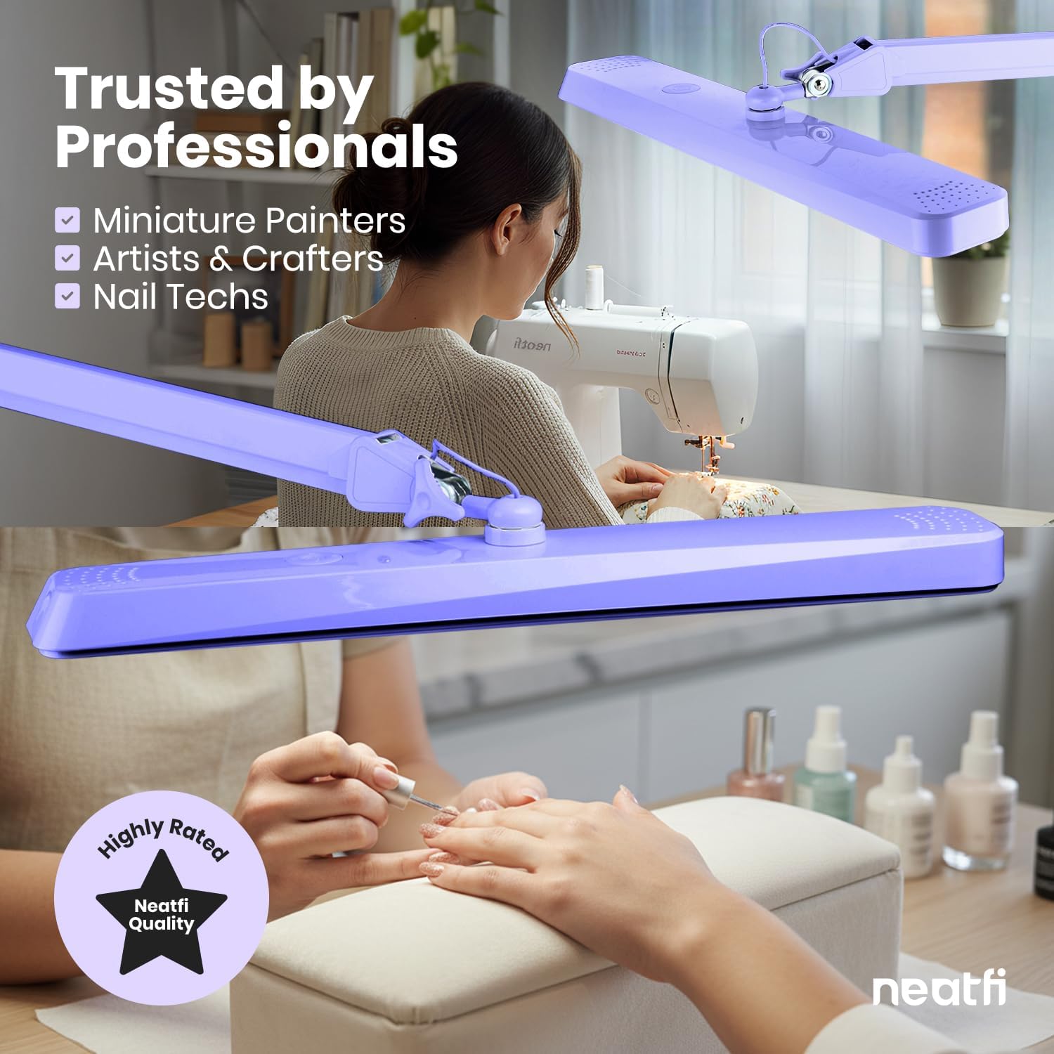 Neatfi XL 2,500 Lumens LED Task Lamp for Manicure Table, Crafts, Workbench, Office (Lavender, Non-CCT with Clamp)