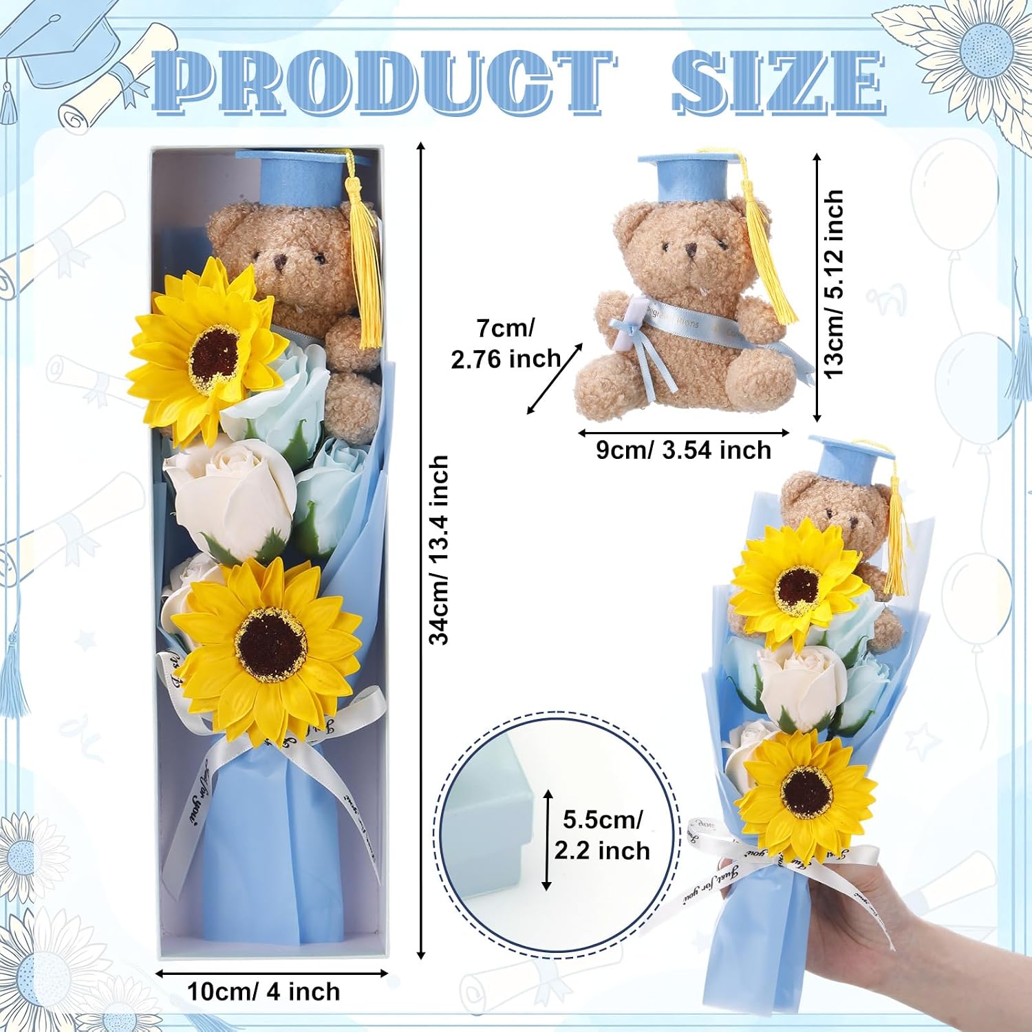 Soulchen 13" 2026 Graduation Bear Bouquet Rose Sunflower Scented Soap Flower Money Bouquet Mini Plush Graduation Bear with Grad Cap Gift Box for Daughter Son Party Favors Supplies(Light Blue) image 2