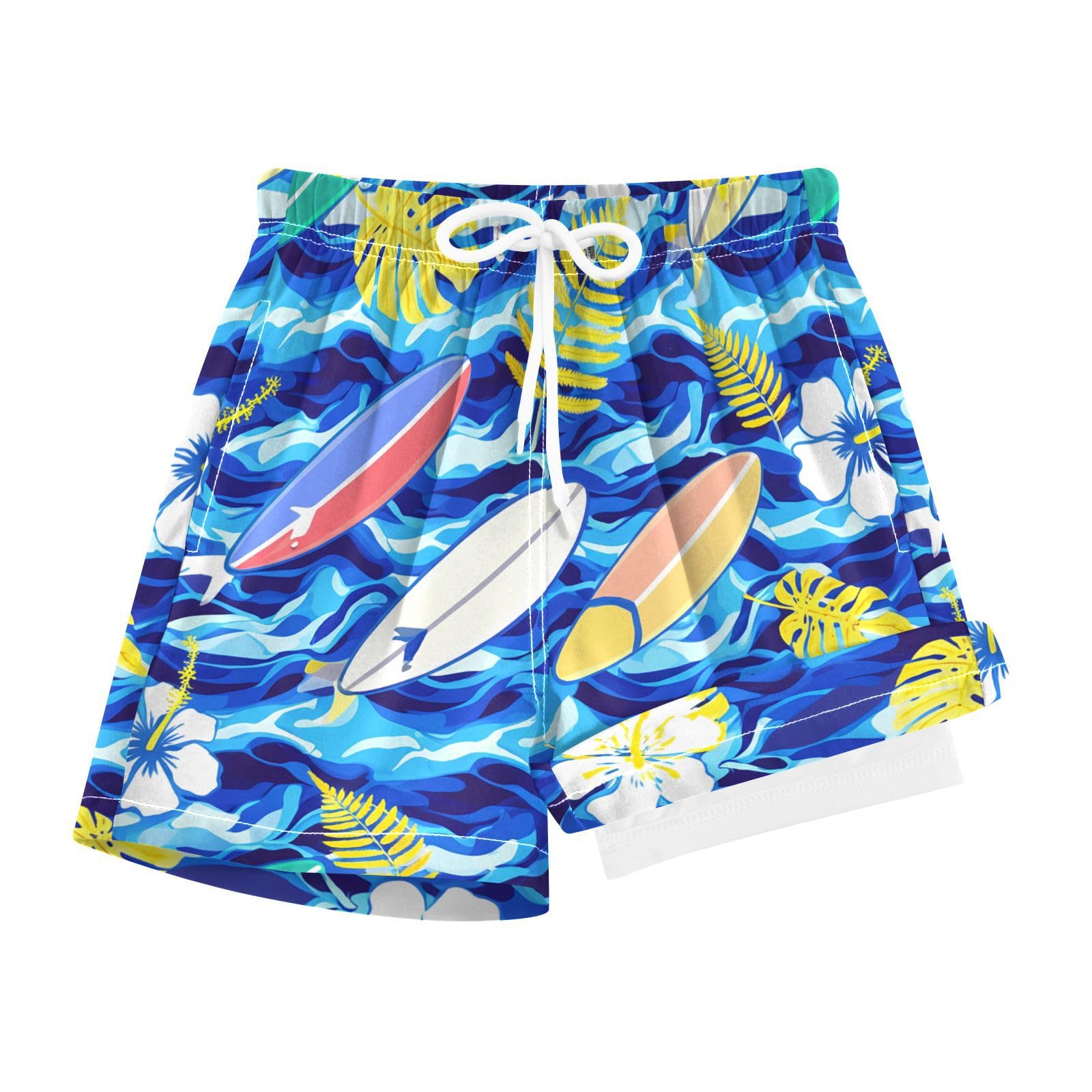 YANENDIE Boy Swim Trunks with Compression Liner Tropical Surfboards Boys Swim Shorts Quick Dry Beach Shorts