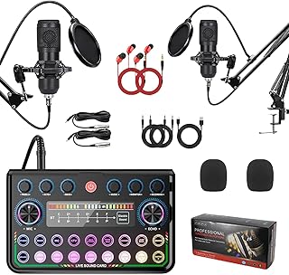 Podcast Mikrofon Bündeln für 2, Audiomischer mit Mikrofonen Audio-Interface Kondensator-Mikrofon mit Live Sound Card DJ-Mixer Podcasting Ausrüstung für Live-Streaming, Singen, Gaming