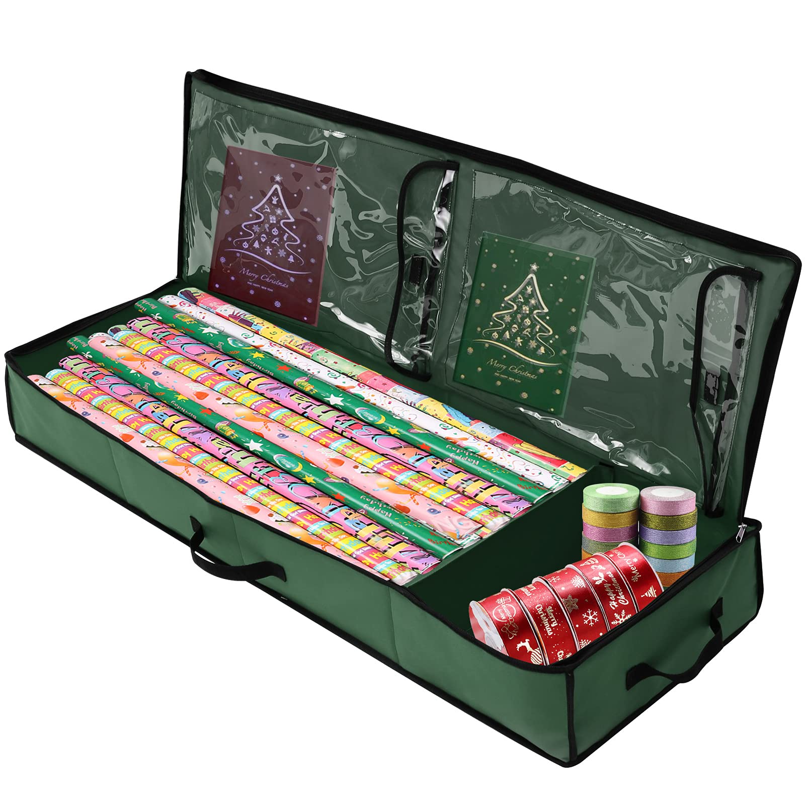 Green Underbed Geschenkpapier-Organizer mit Innentaschen, 104 x 35 x 14 cm, Weihnachtsaufbewahrungsbox, aus 600D Oxford