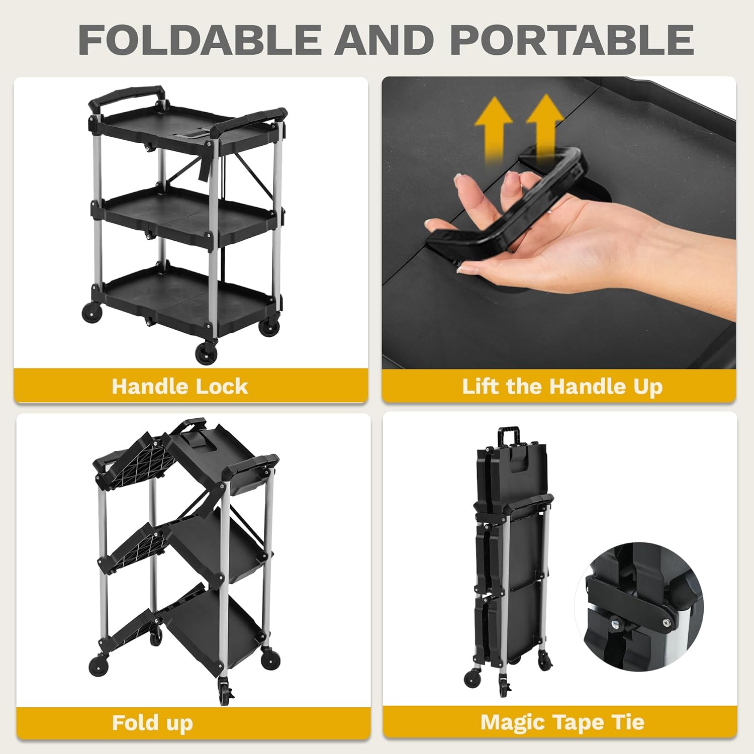 DWVO 3-Tier Folding Utility Cart, Foldable Service Cart Heavy Duty Collapsible Rolling Cart with 360° Swivel Wheels and Brake, 240LBS Load Capacity Portable Utility Cart for Kitchen, Warehouse, Garage