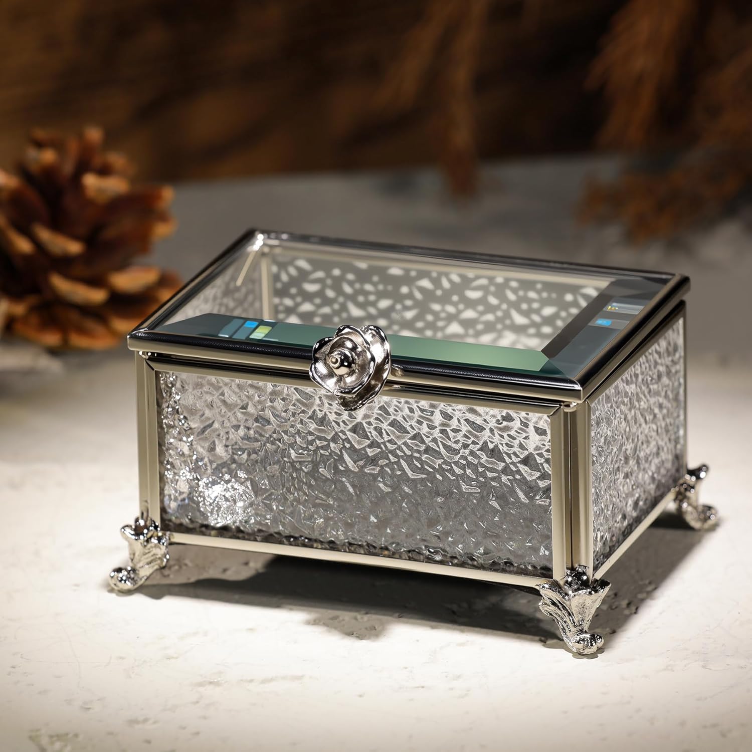 Glass Vintage Jewelry Box Keepsake storage Trinket Ring Display Box Home Decor Embossed Clear Glass Boxes Organizer(3.9x2.7x2.3Inches) - Image 5