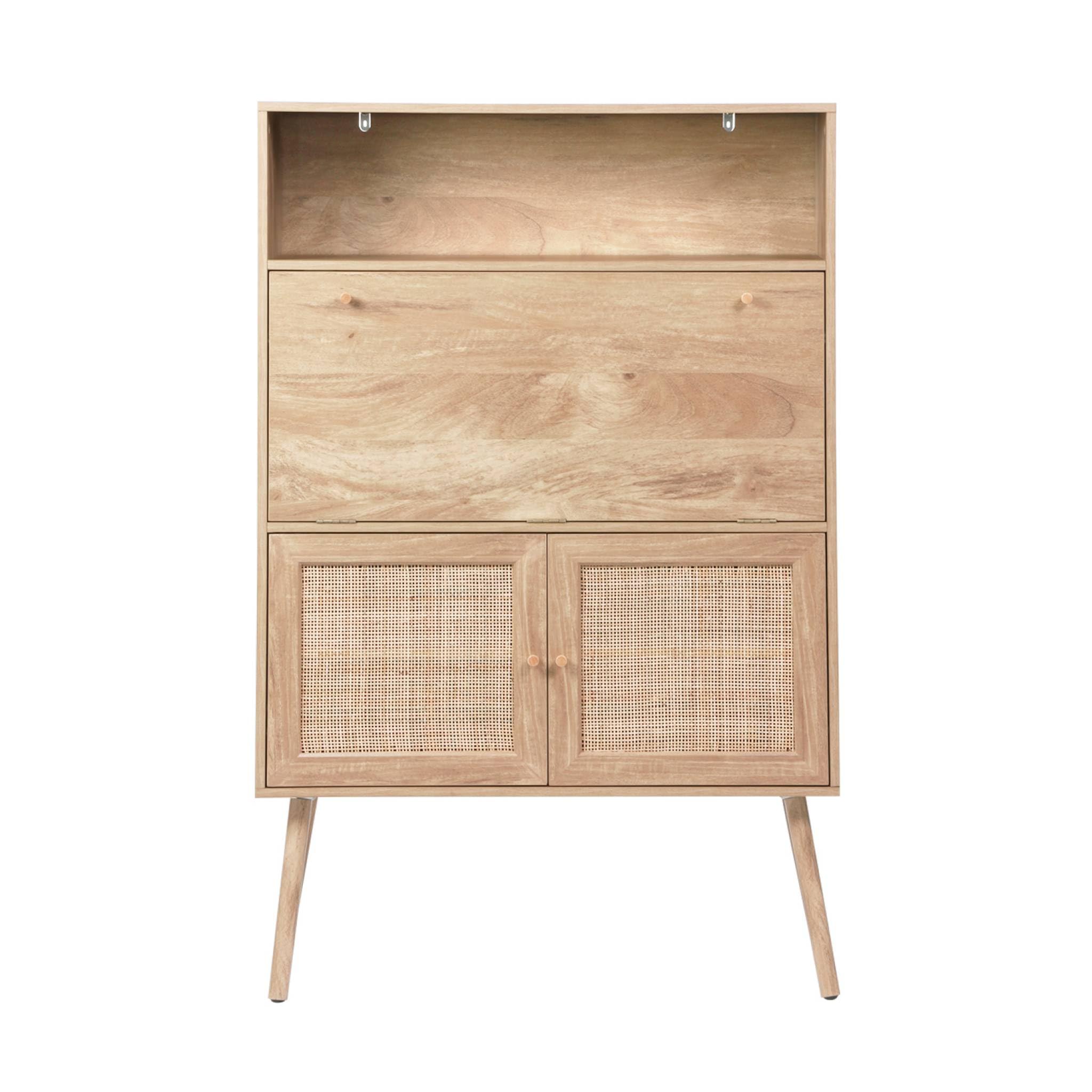 sweeek - Schreibschrank/Sekretär, 2 Türen aus Rohrgeflecht, Regale, Holzeffekt, Beine aus Tannenholz - Bohème