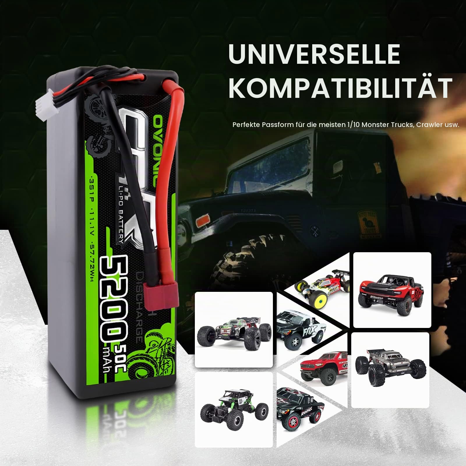 OVONIC 3S Lipo Akku 11.1V 5200mAh 50C mit Deans Stecker Hardcase für FPV RC Flugzeug Auto Evader BX Quadcopter Hubschrauber LKW Boot (2Stück)