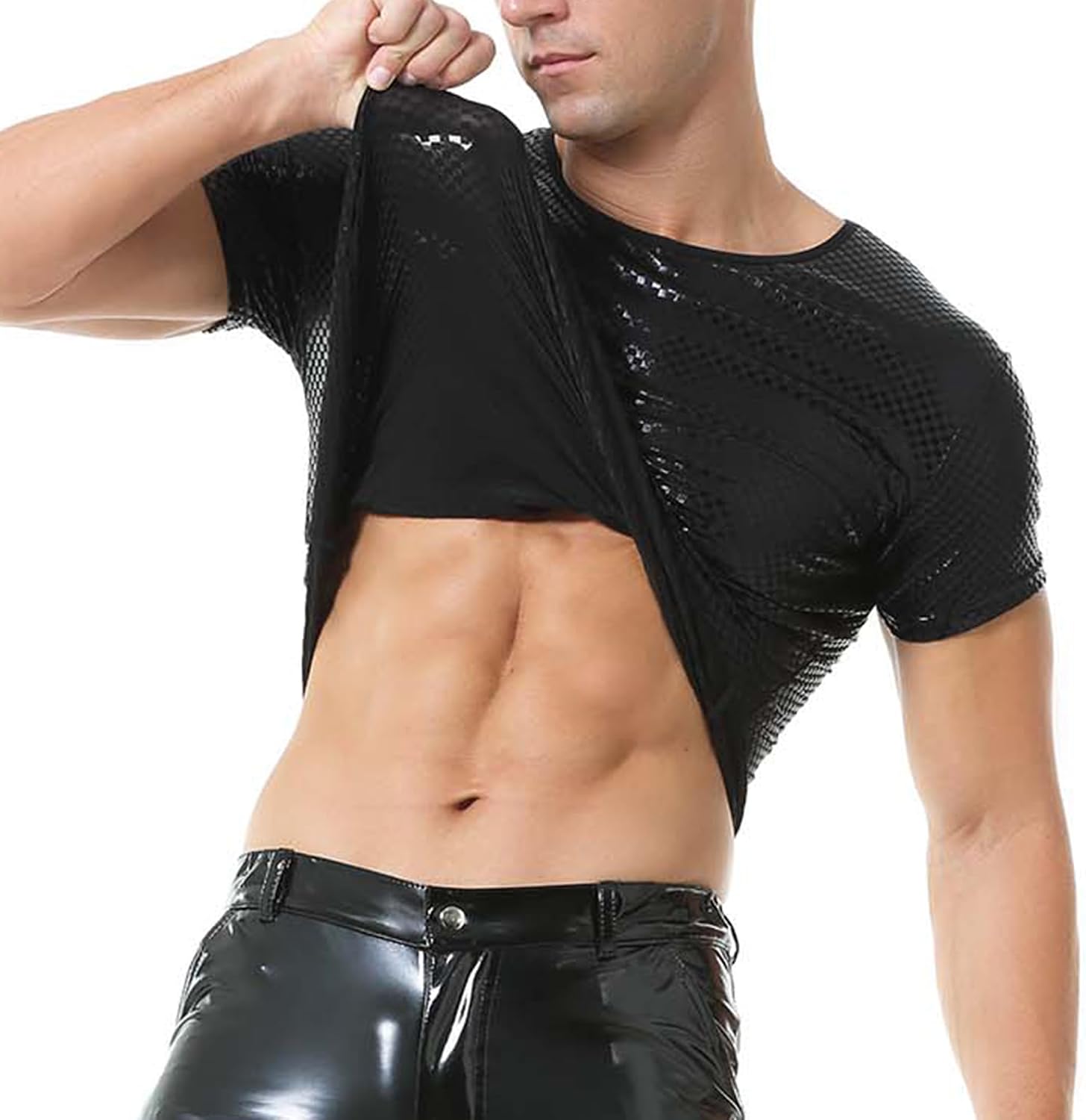 DTODWW Mens Wet Look Undershirt Faux Leather Zipper Shirts Shiny Short Sleeve T-Shirts Slim Fit Muscle Tops Casual Clubwear