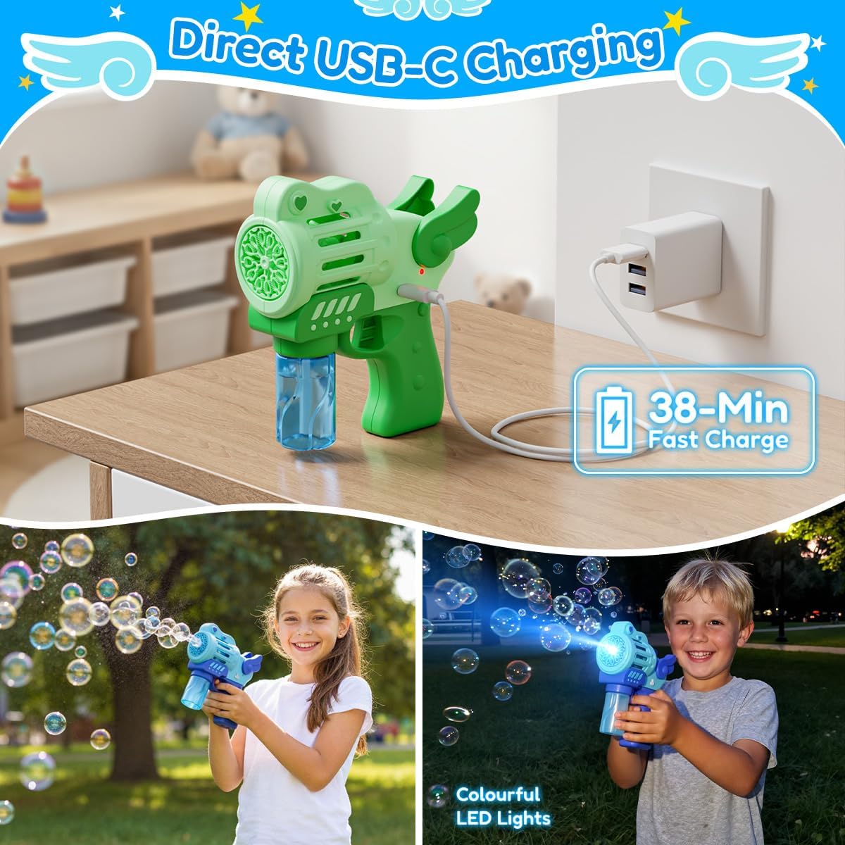 2 Pack Rechargeable Bubble Gun with 4 Bottles Solution, Bubbles Machine Blower Guns Toys with LED Lights for Toddlers Kids 3-12, Summer Toy, Party Favors, Easter, Birthday Gift
