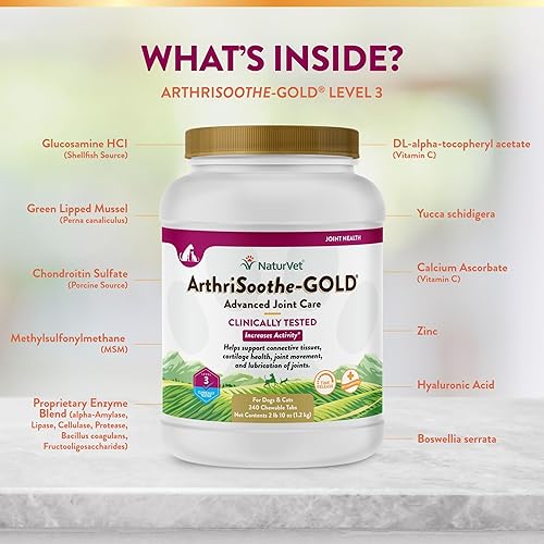 Miniatura 5 de NaturVet ArthriSoothe-Gold Clínicamente Probado Nivel 3 Cuidado Articular Avanzado para Perros y Gatos, 240 ct Liberación Tiempo, Tabletas