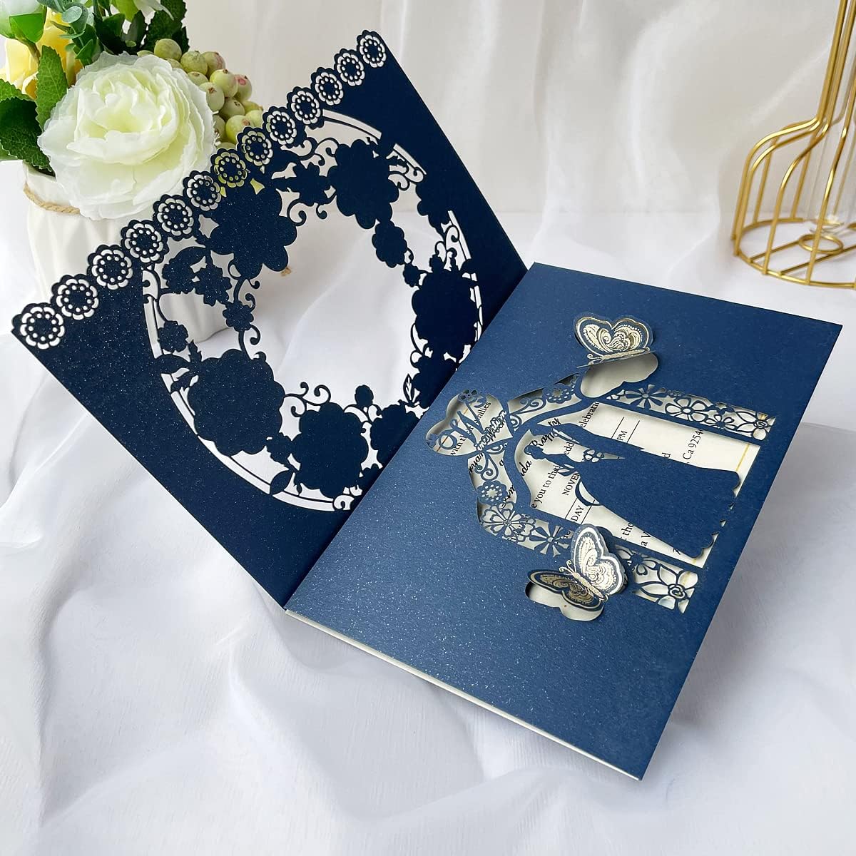 50Pcs 5 x 7.2 Inch Personalized Navy Blue Laser Cut Floral Wedding Invitations with Butterfly and Envelopes Invitation for Engagement Wedding Invite