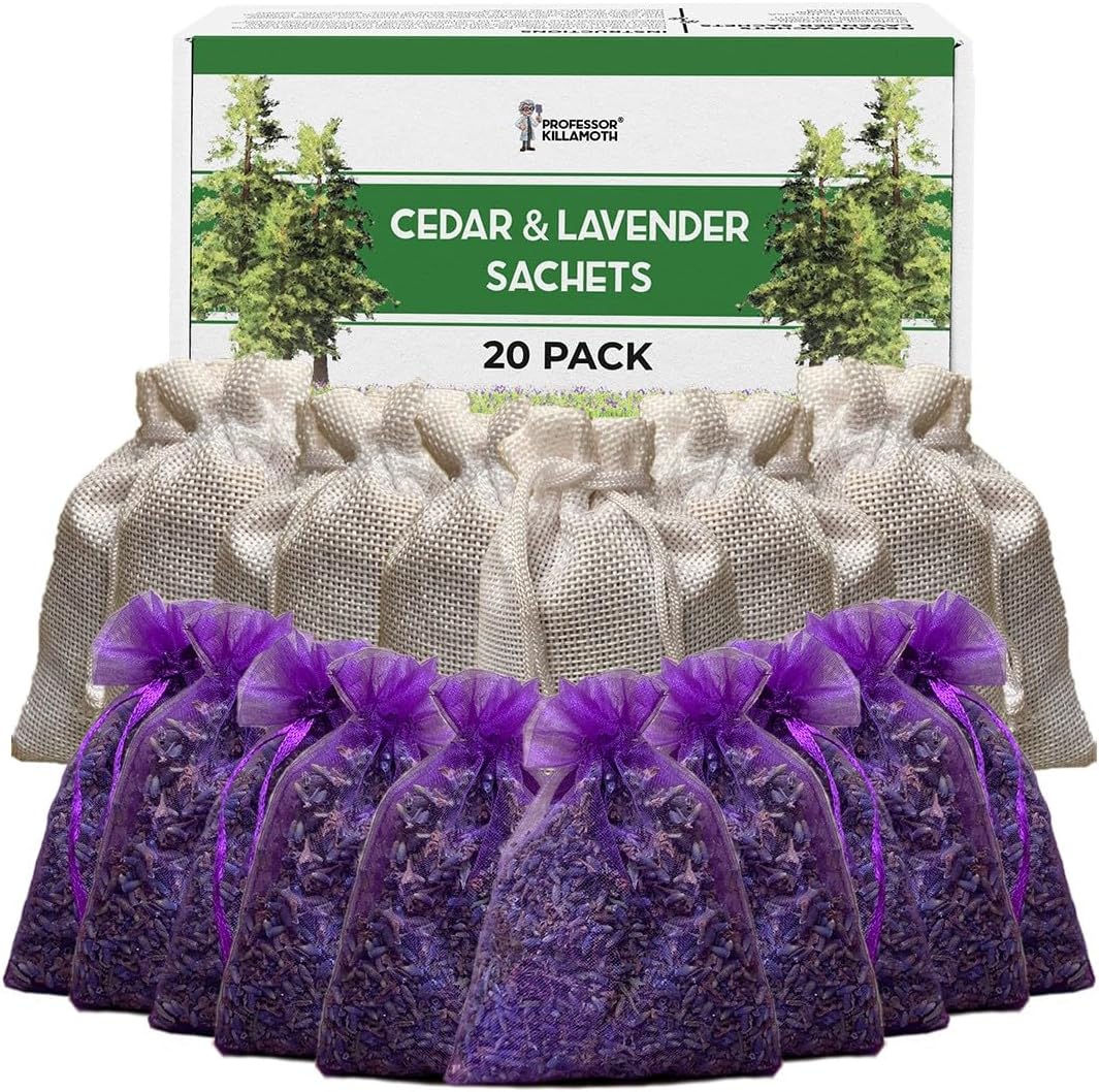 Professor Killamoth Cedar Chips and Lavender Sachets (20 Pack) - Stop Clothes Damage - Cedar and Lavendar Home Fragrance Sachets for Drawers and Closets