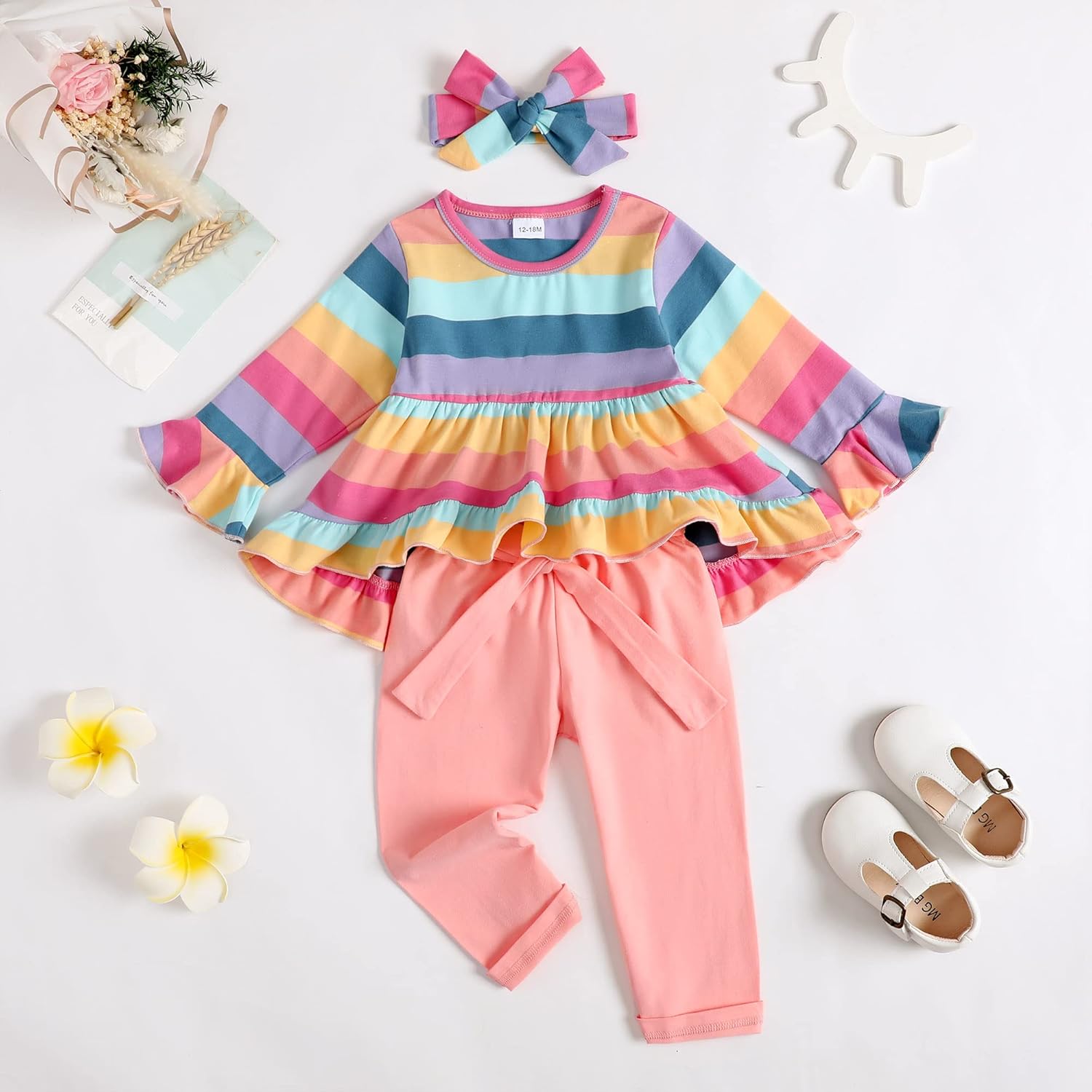 Kucnuzki Baby Girl Clothes Toddler Girl Outfit Ruffle Sleeve Shirt Floral Pant Set Fall Winter Clothing for Girl - Image 2